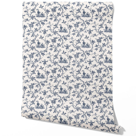 Floral Toile de Jouy Traditional Wallpaper Sample (Navy Blue/ Off-White)