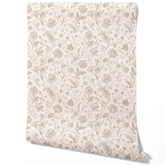 Neutral Floral/ Botanical Traditional Wallpaper Sample (Beige/ Soft Taupe)