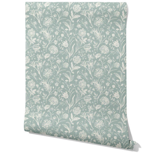 Floral/ Botanical Traditional Wallpaper Sample (Cadet Blue/ Mint Gray/ Cream)