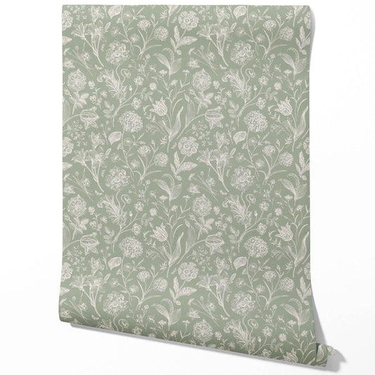 Floral/ Botanical Traditional Wallpaper Sample (Sage Green)