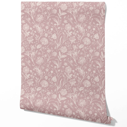 Floral/ Botanical Traditional Wallpaper Sample (Dusky Pink/ Cream)
