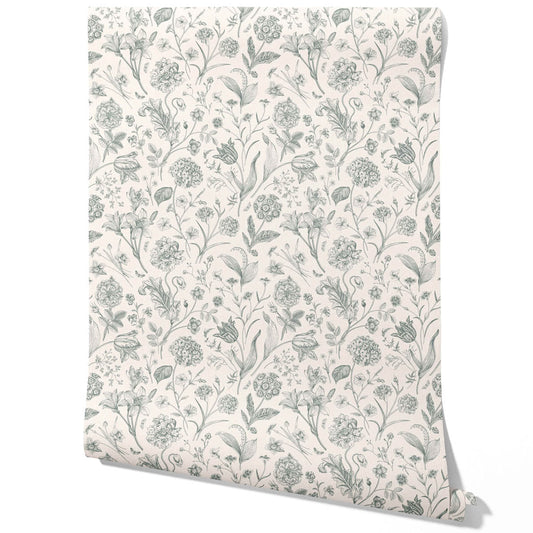 Floral/ Botanical Traditional Wallpaper Sample (Teal Green)