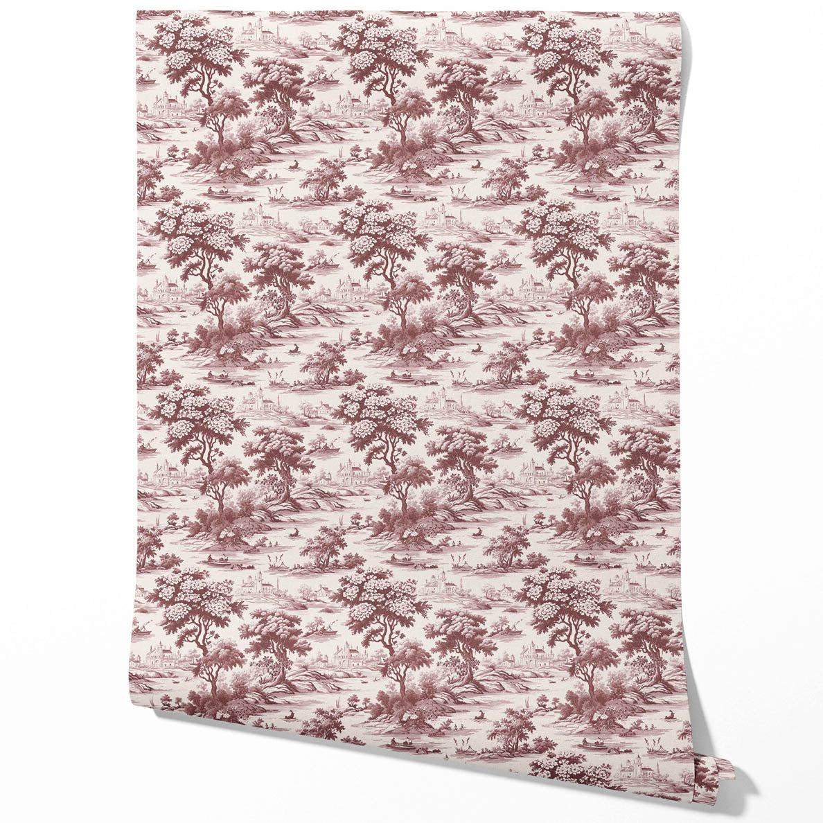 Floral Toile de Jouy Nature Print Traditional Wallpaper Sample (Maroon Red/ Deep Pink)