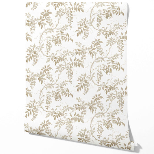 Neutral Floral Vine/ Botanical Traditional Wallpaper Sample (Beige/ Taupe/ Gray/ White)
