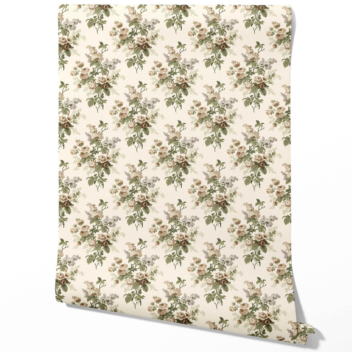 English Floral Print Traditional Wallpaper Sample (Cream/ Beige/ Brown/ Green/ Gray)