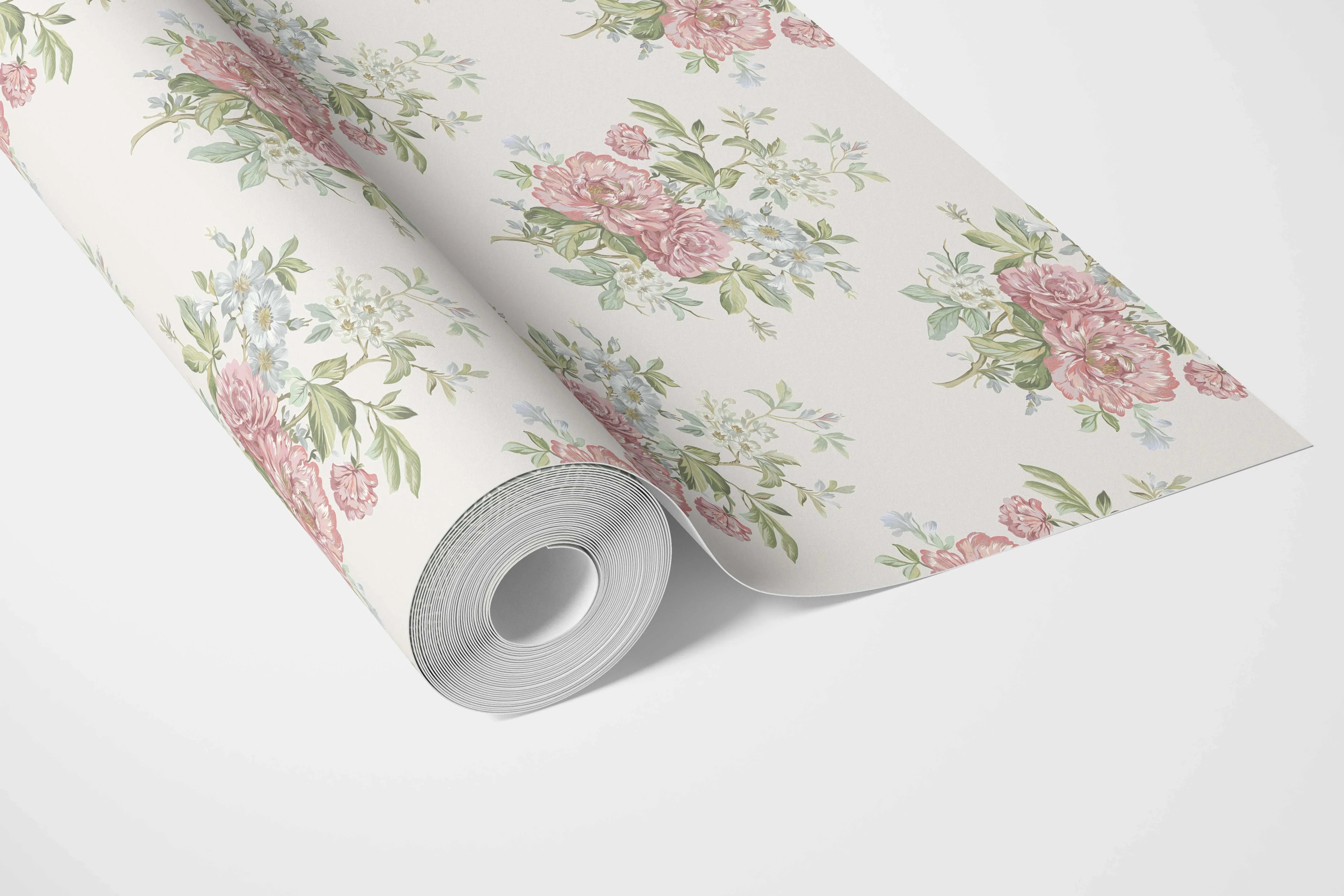Floral Block Print Bathroom Wallpaper (Cream/ Soft Pink/ Green/ Duck Egg Blue)