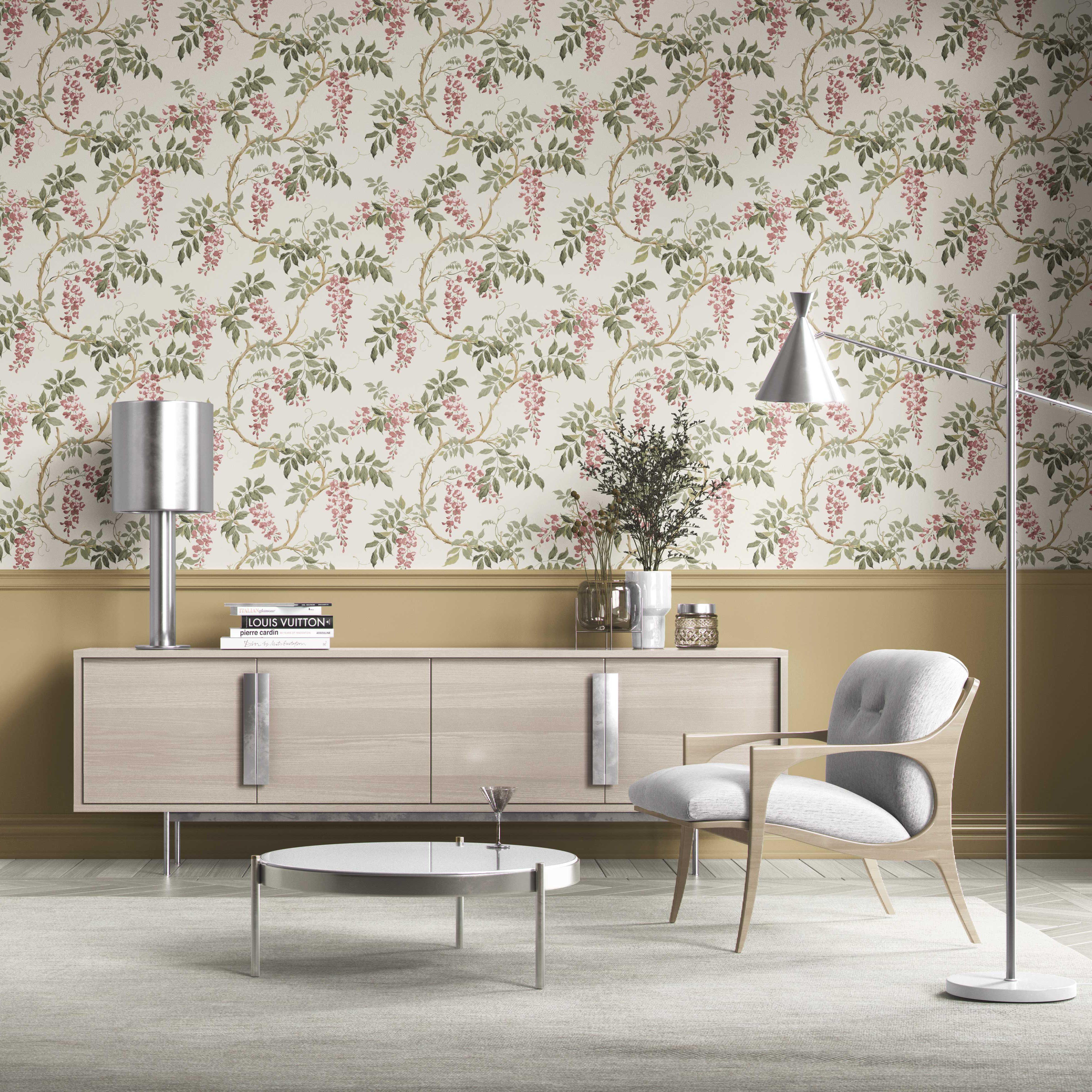 Floral Vine/ Botanical Patterned Kitchen Wallpaper Sample (Cream/ Pink/ Green)