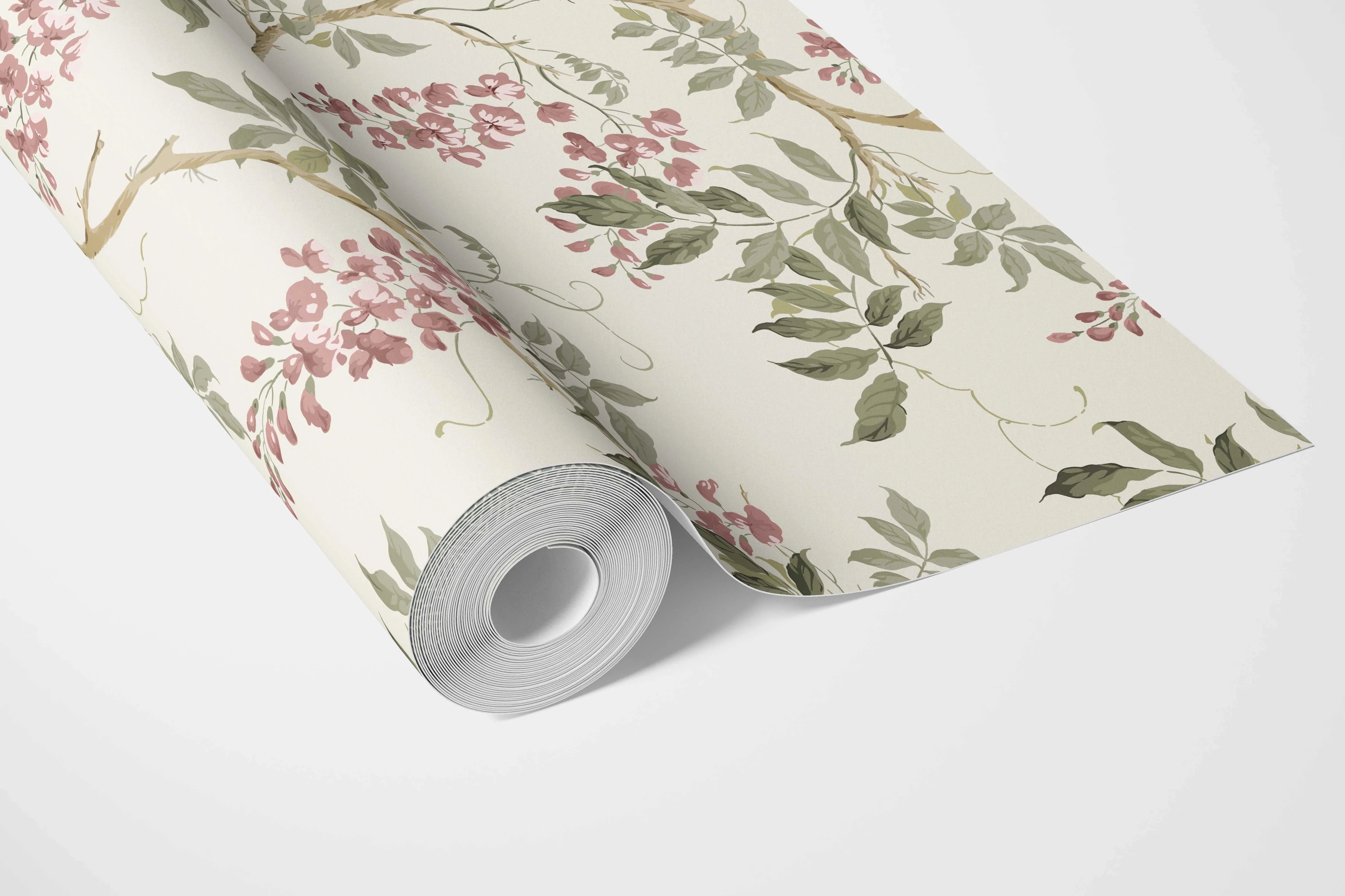 Floral Vine/ Botanical Patterned Bathroom Wallpaper Sample (Cream/ Pink/ Green)