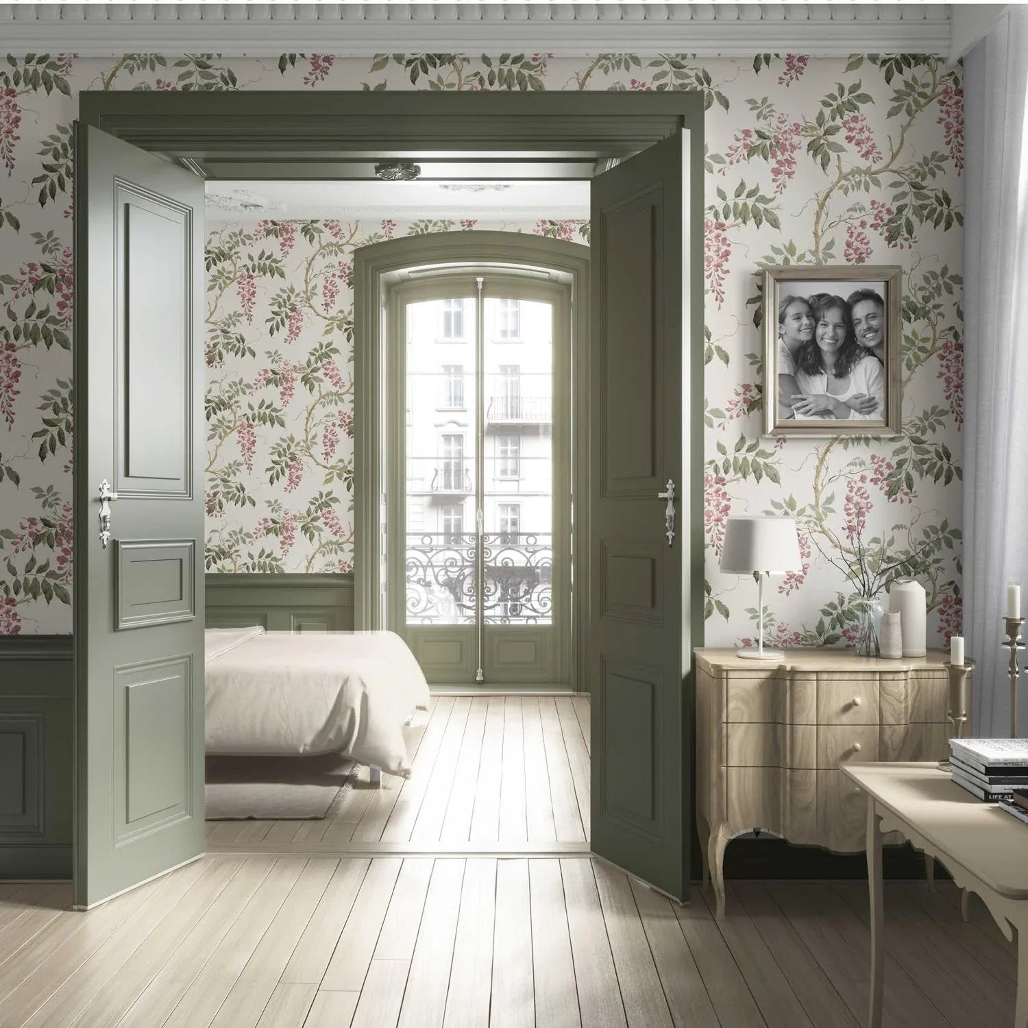Floral Vine/ Botanical Patterned Living Room Wallpaper Sample (Cream/ Pink/ Green)
