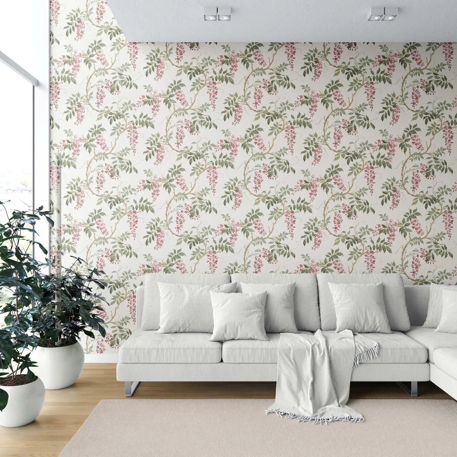 Floral Vine/ Botanical Patterned Shower Toilet Wallpaper Sample (Cream/ Pink/ Green)