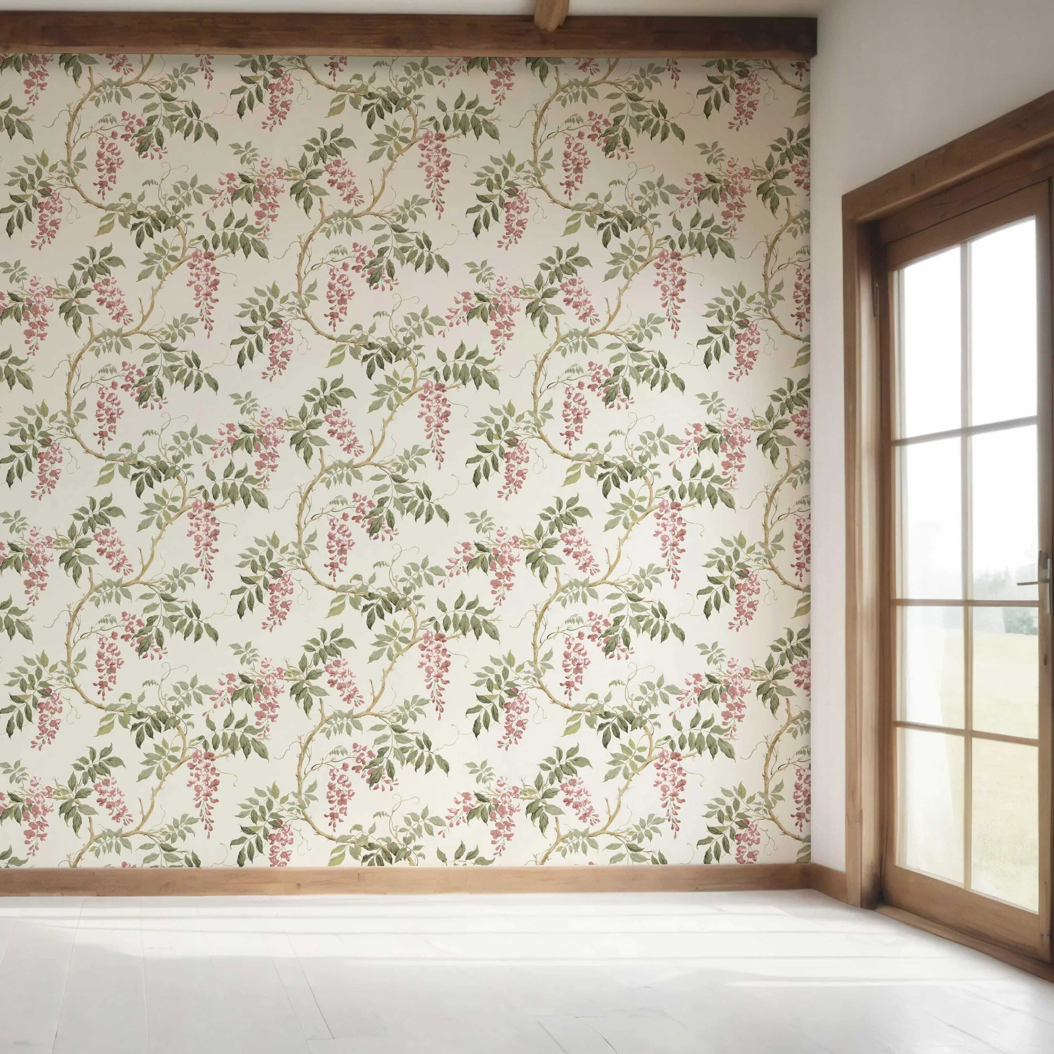 Floral Vine/ Botanical Patterned Bedroom Wallpaper Sample (Cream/ Pink/ Green)