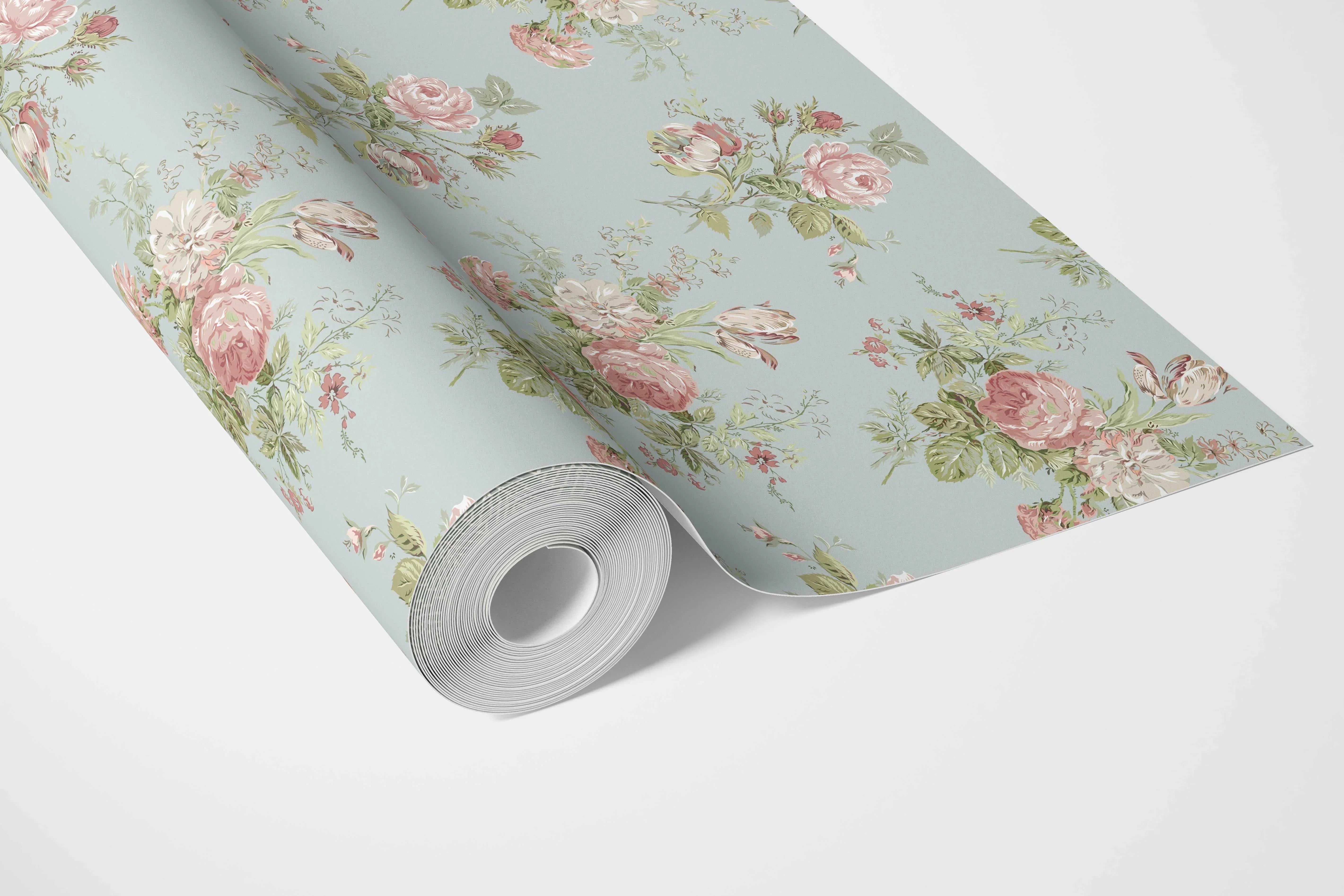 Patterned Floral Block Print Bathroom Wallpaper Sample (Blue/ Pink/ Green)