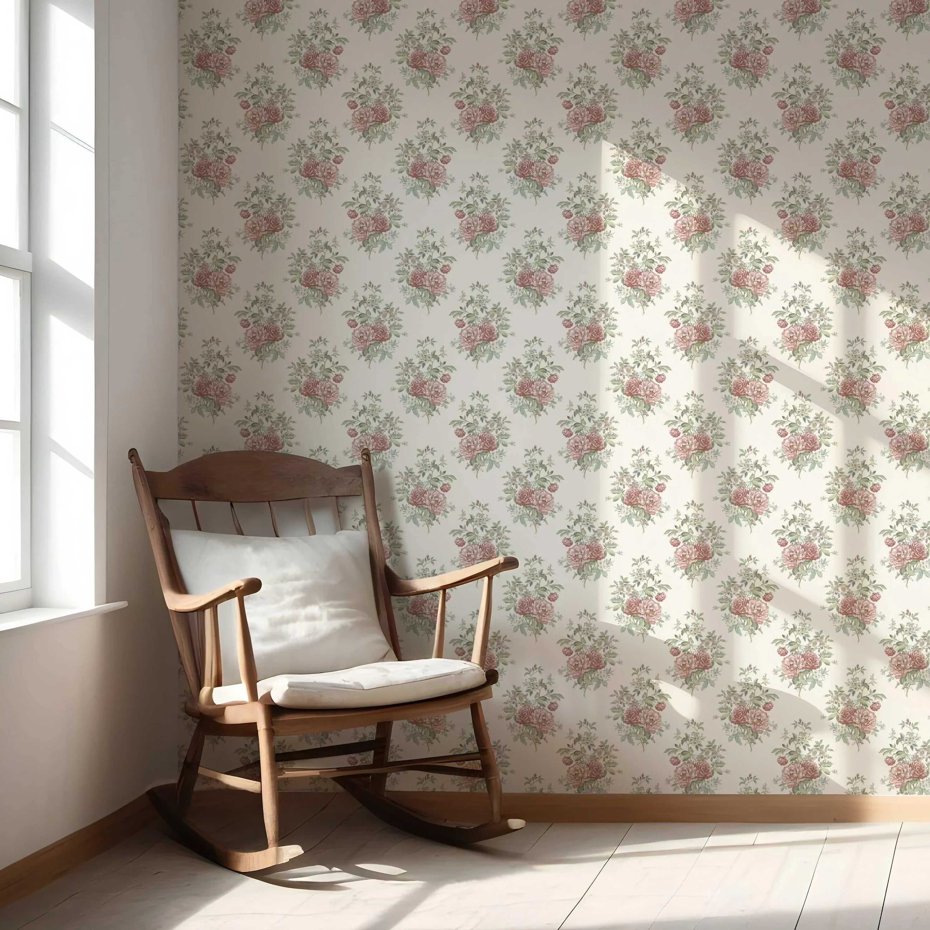 Floral Block Print Nursery Wallpaper Sample (Cream/ Red/ Leaf Green)