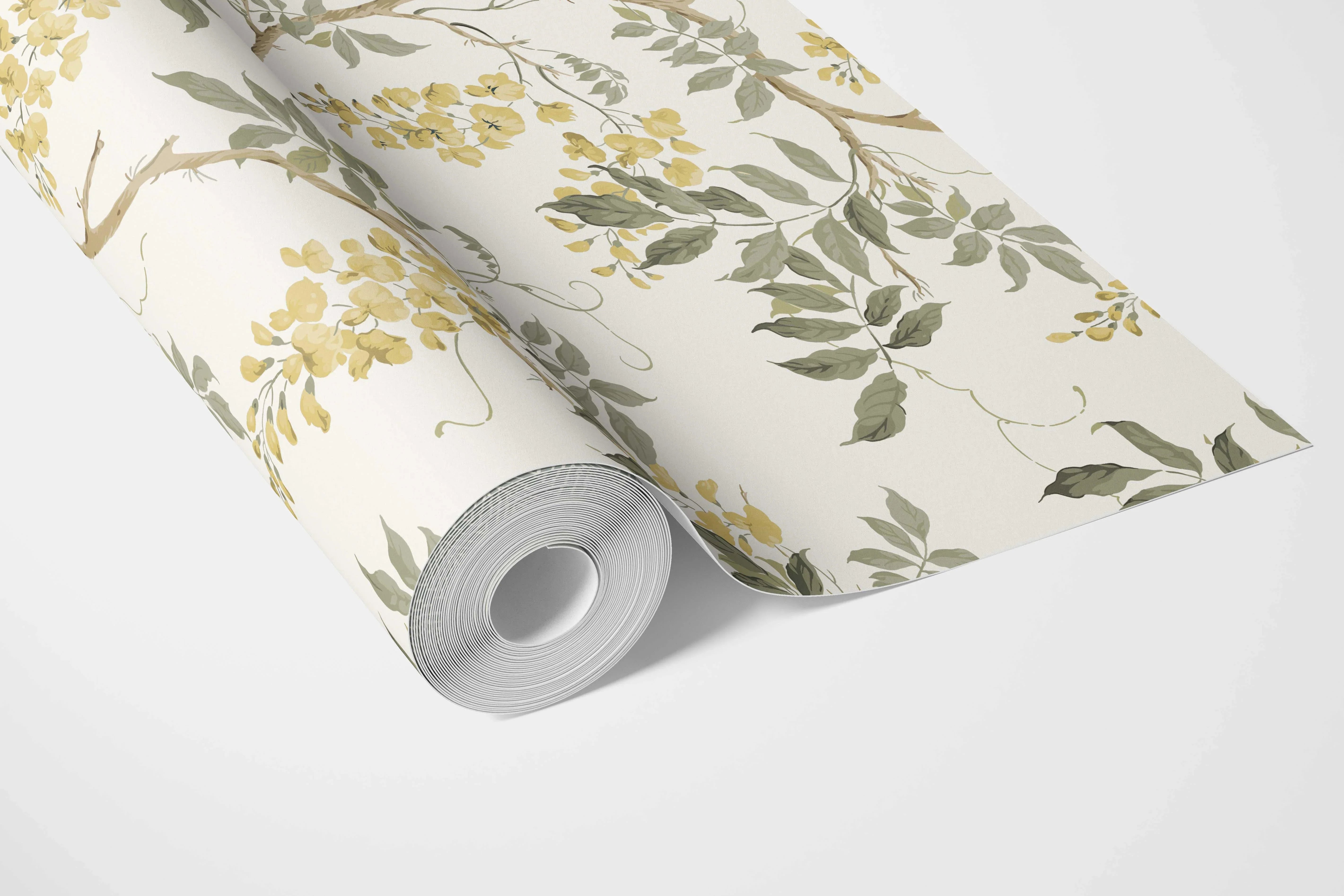 Floral Vine/ Botanical Patterned Bathroom Wallpaper (Cream/ Yellow/ Green)