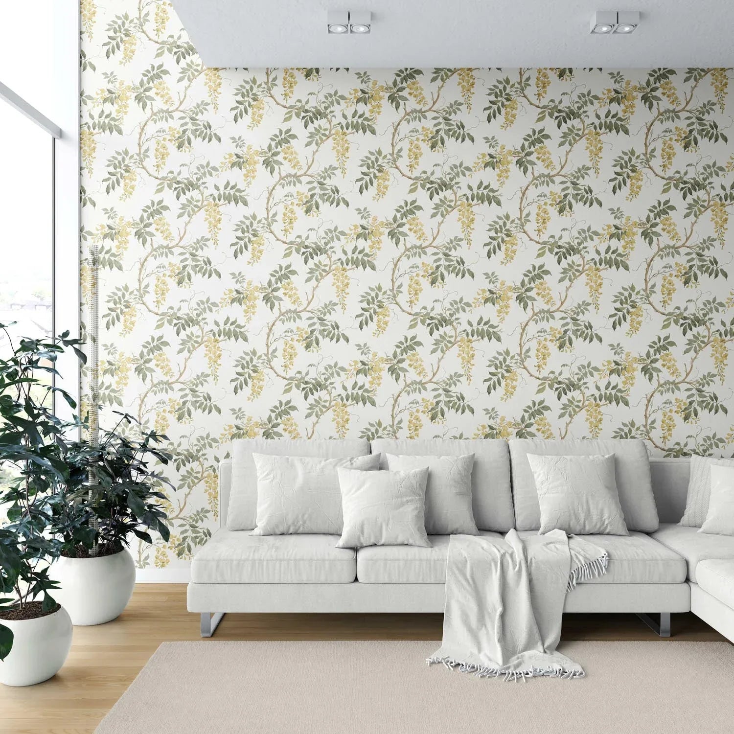 Floral Vine/ Botanical Patterned Shower Toilet Wallpaper Sample (Cream/ Yellow/ Green)