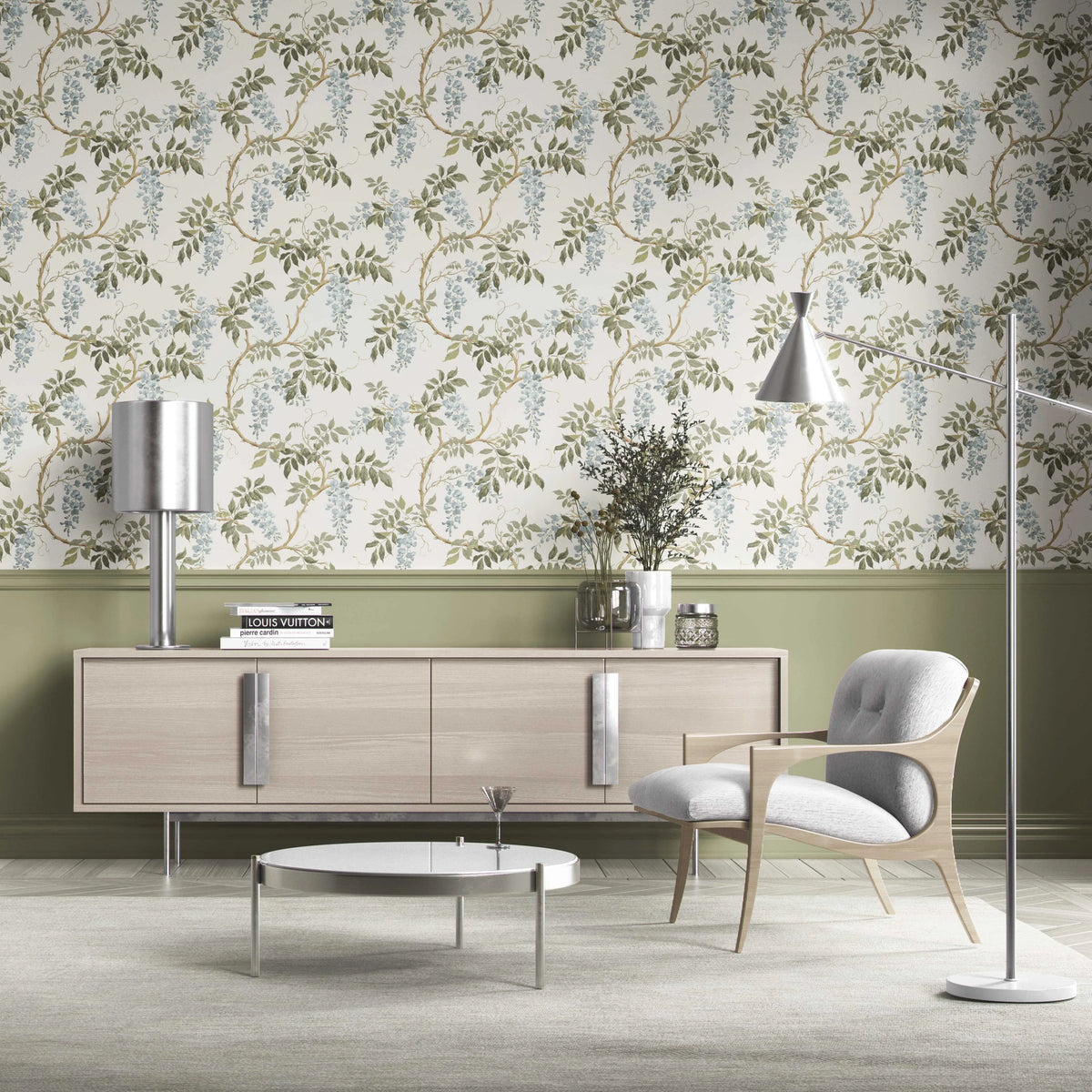 Floral Vine/ Botanical Patterned Kitchen Wallpaper (Cream/ Duck Egg Blue/ Green)