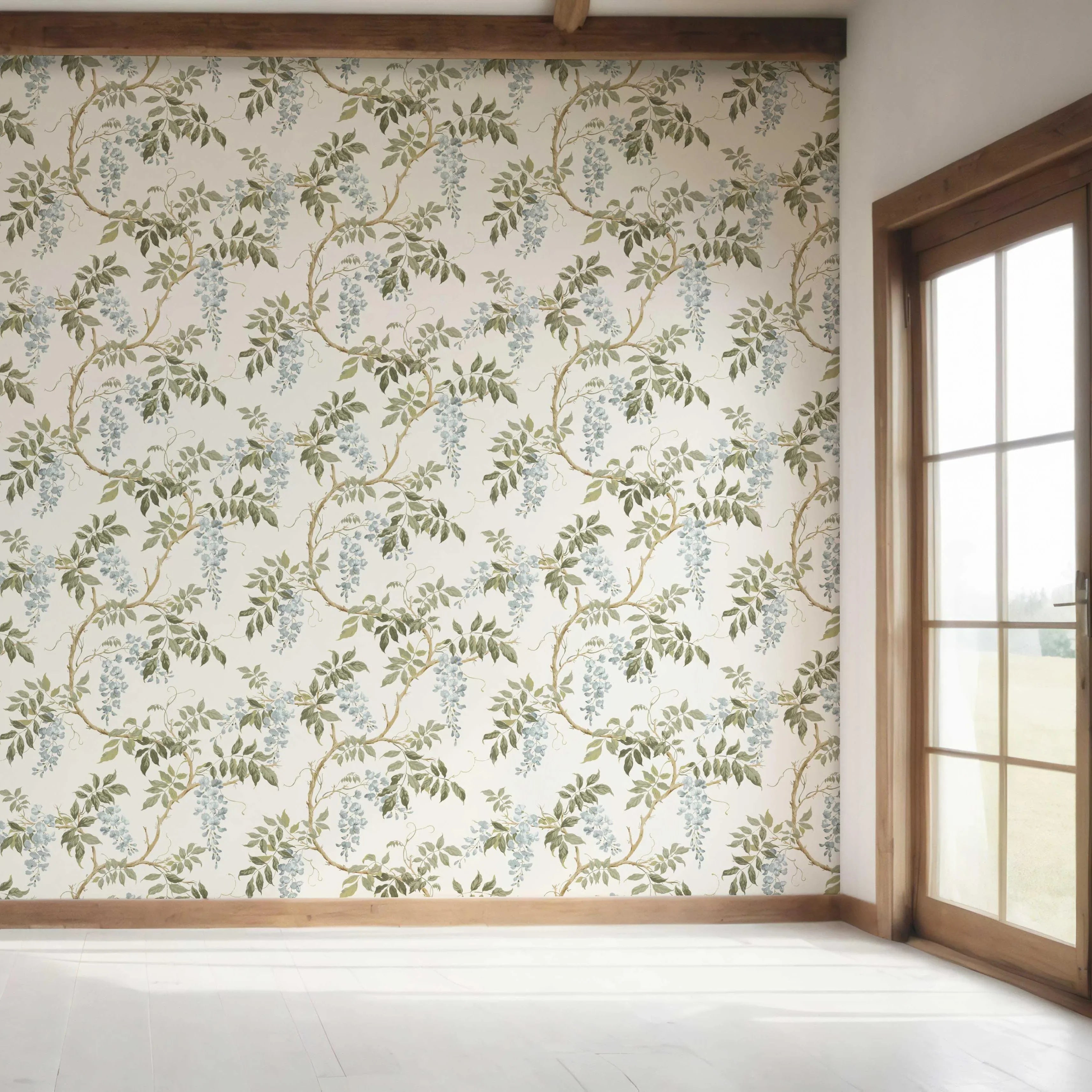 Floral Vine/ Botanical Patterned Bedroom Wallpaper (Cream/ Duck Egg Blue/ Green)