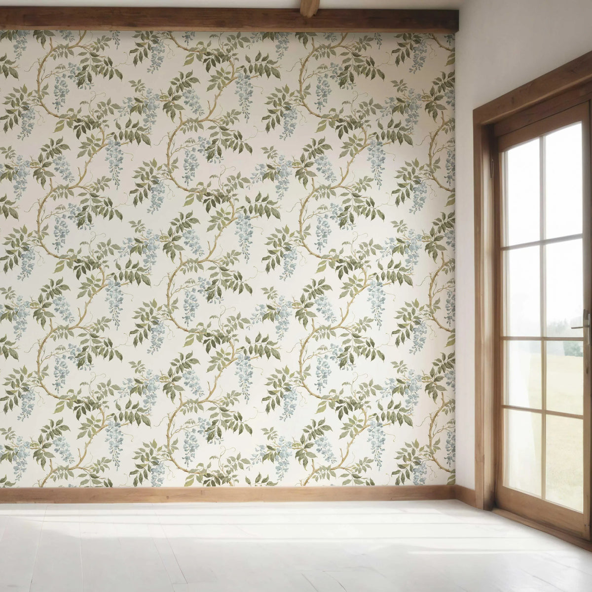 Floral Vine/ Botanical Patterned Bedroom Wallpaper Sample (Cream/ Duck Egg Blue/ Green)