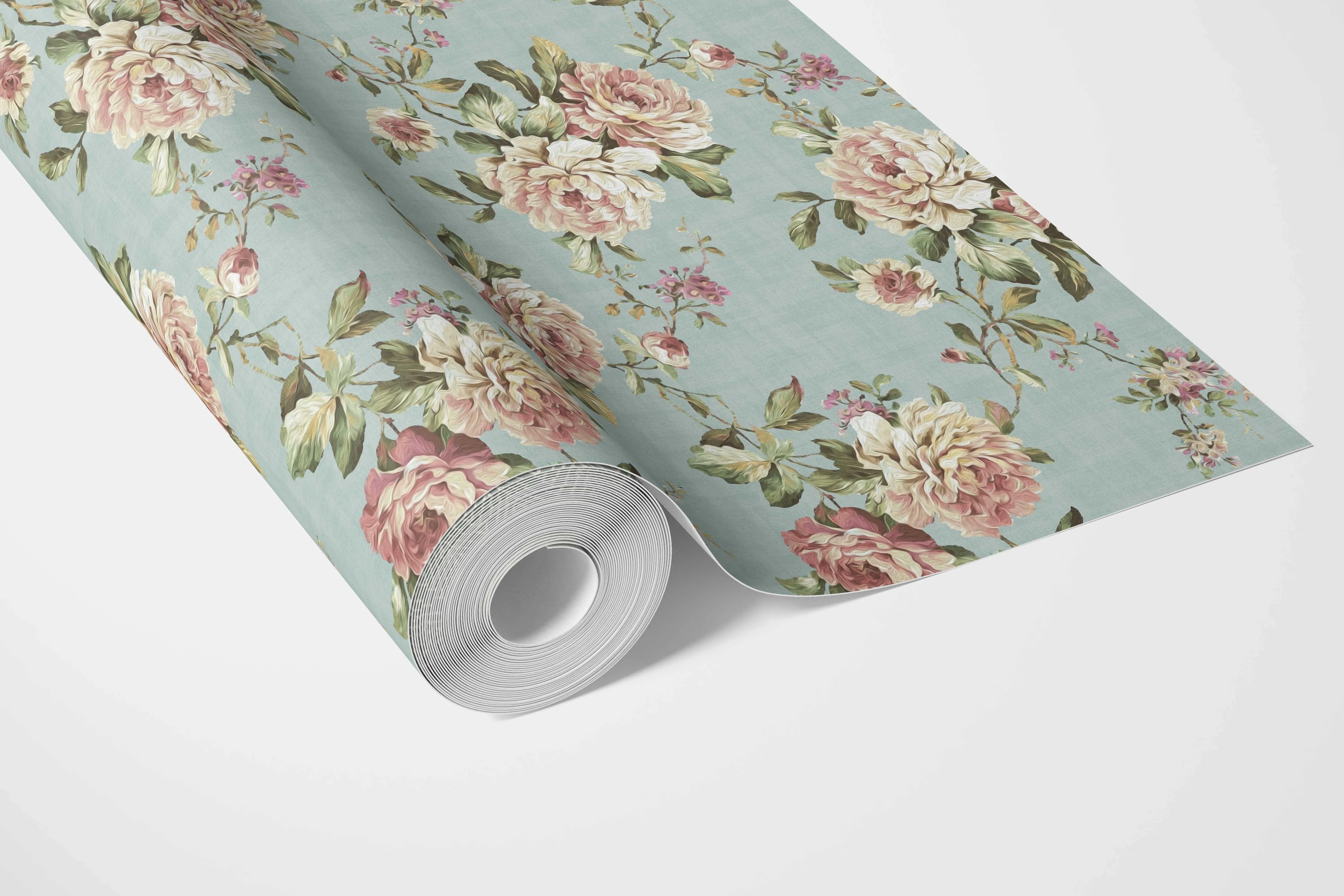 English Floral Patterned Bathroom Wallpaper Sample (Blue/ Pink/ Green)