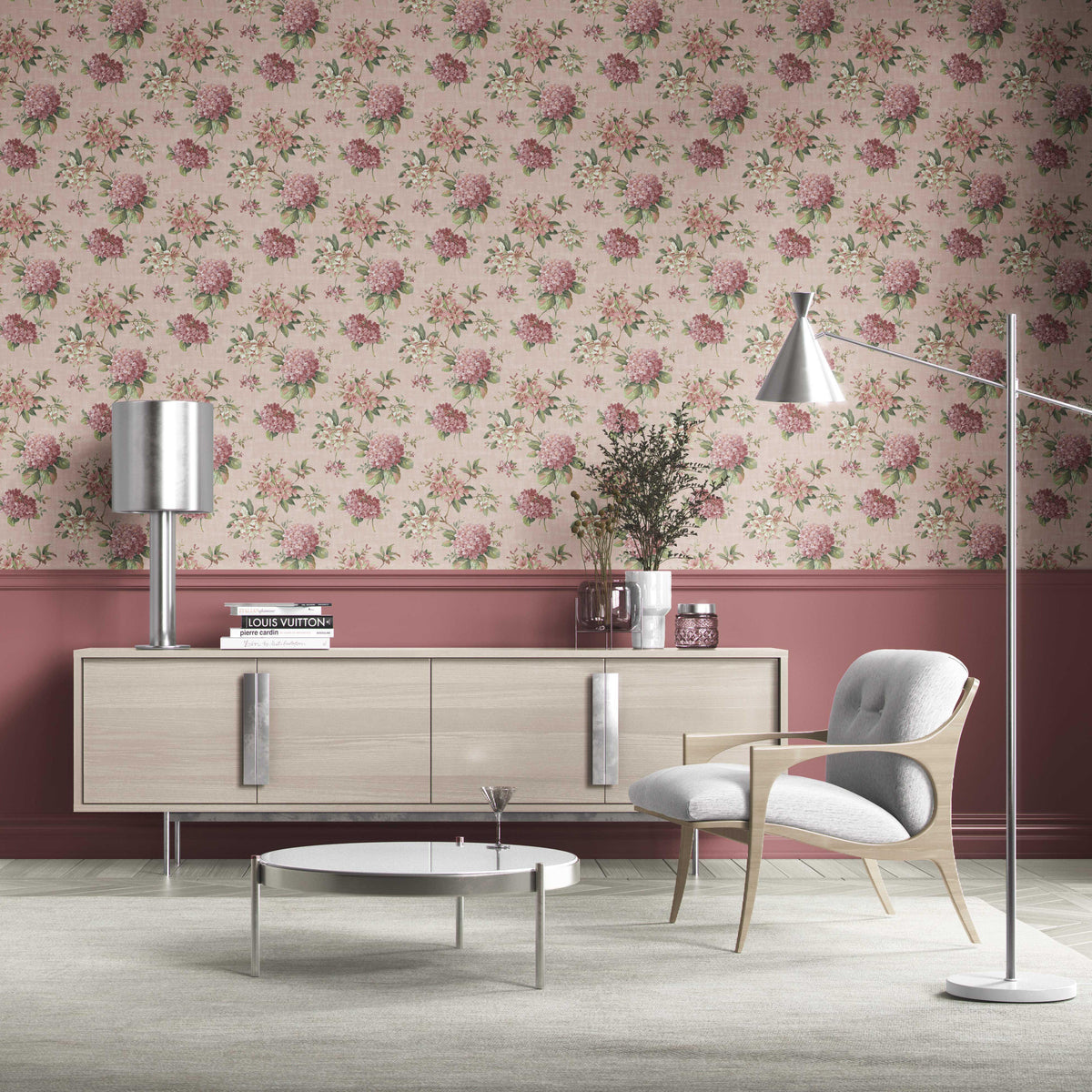 Modern Floral Block Print Kitchen Wallpaper (Pink/ Green)