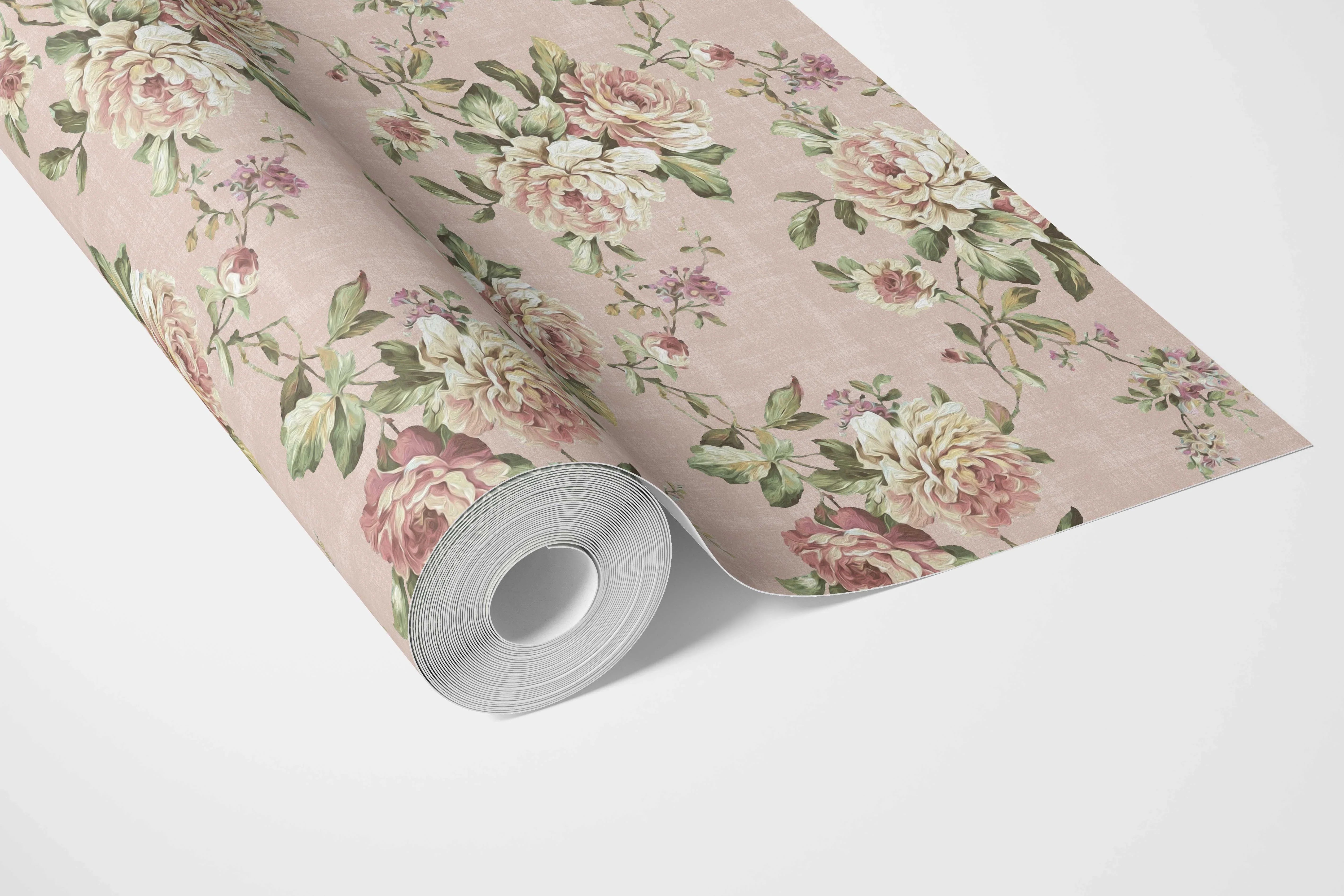 English Floral Patterned Bathroom Wallpaper (Dusty Rose Pink/ Green)