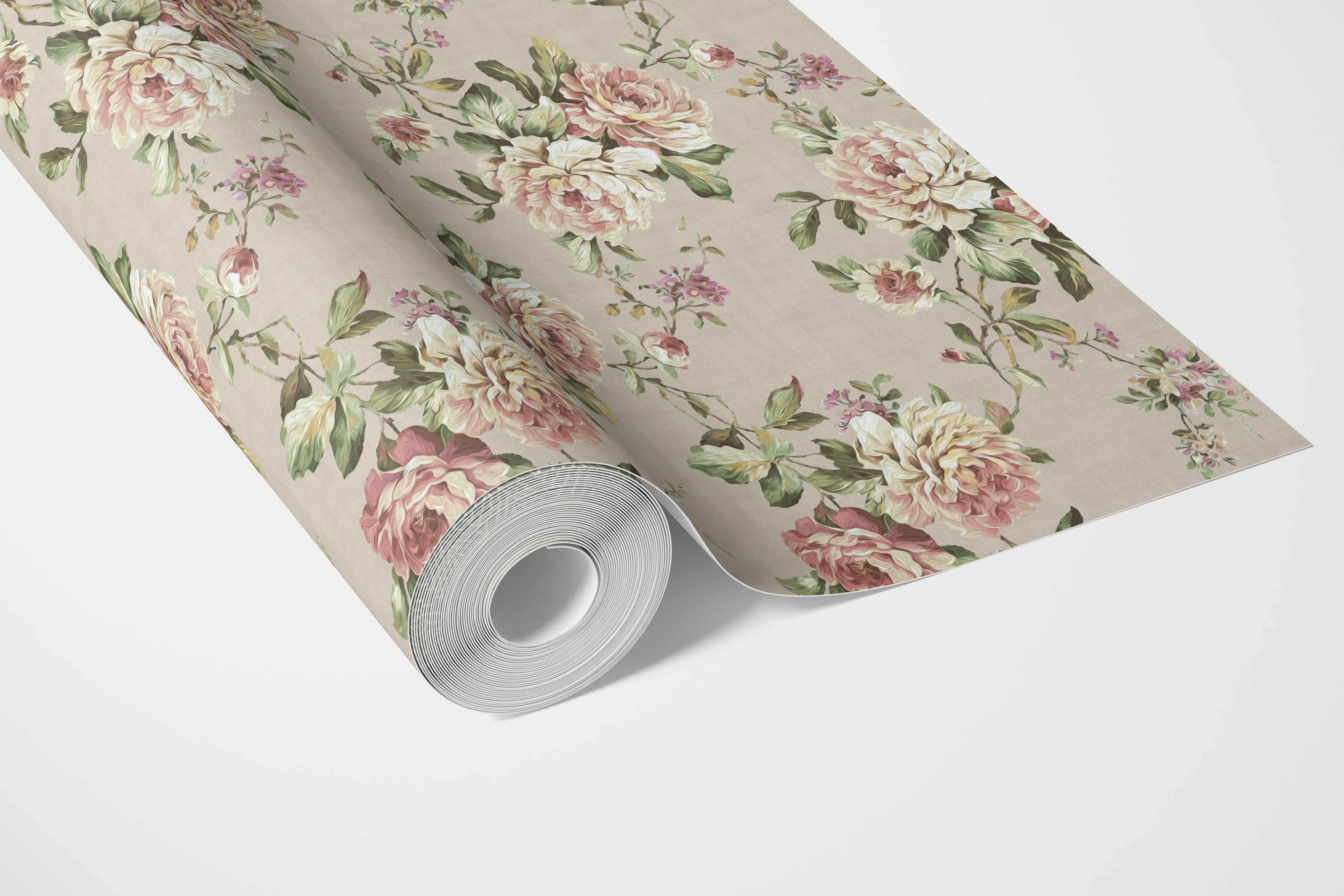 English Floral Patterned Bathroom Wallpaper Sample (Beige/ Warm Grey/ Pink/ Green)