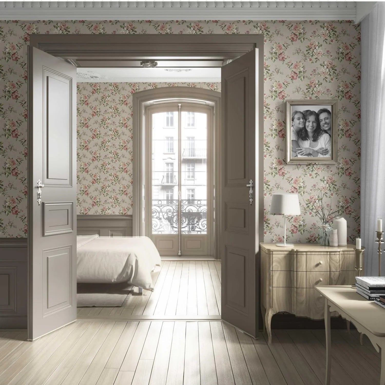English Floral Patterned Living Room Wallpaper Sample (Beige/ Warm Grey/ Pink/ Green)