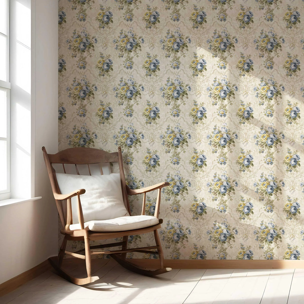 Floral Damask Patterned Nursery Wallpaper (Beige/ Blue/ Yellow/ Green/ Taupe)