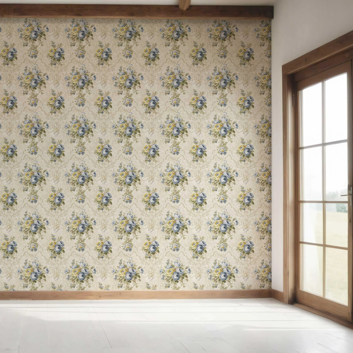 Floral Damask Patterned Bedroom Wallpaper Sample (Beige/ Blue/ Yellow/ Green/ Taupe)