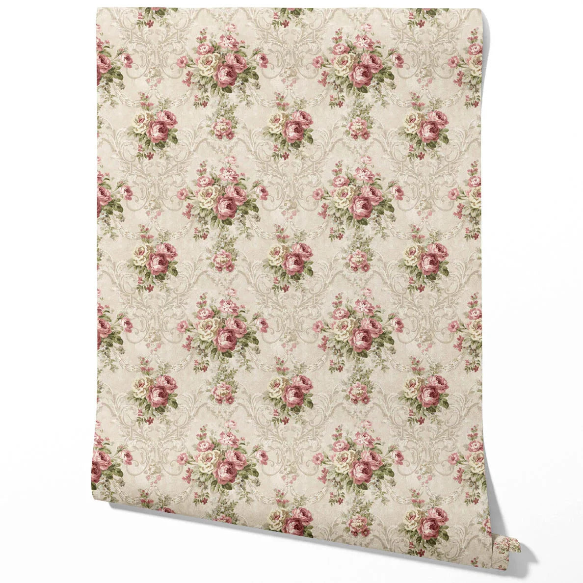 Floral Damask Patterned Traditional Wallpaper Sample (Beige/ Pink/ Green)