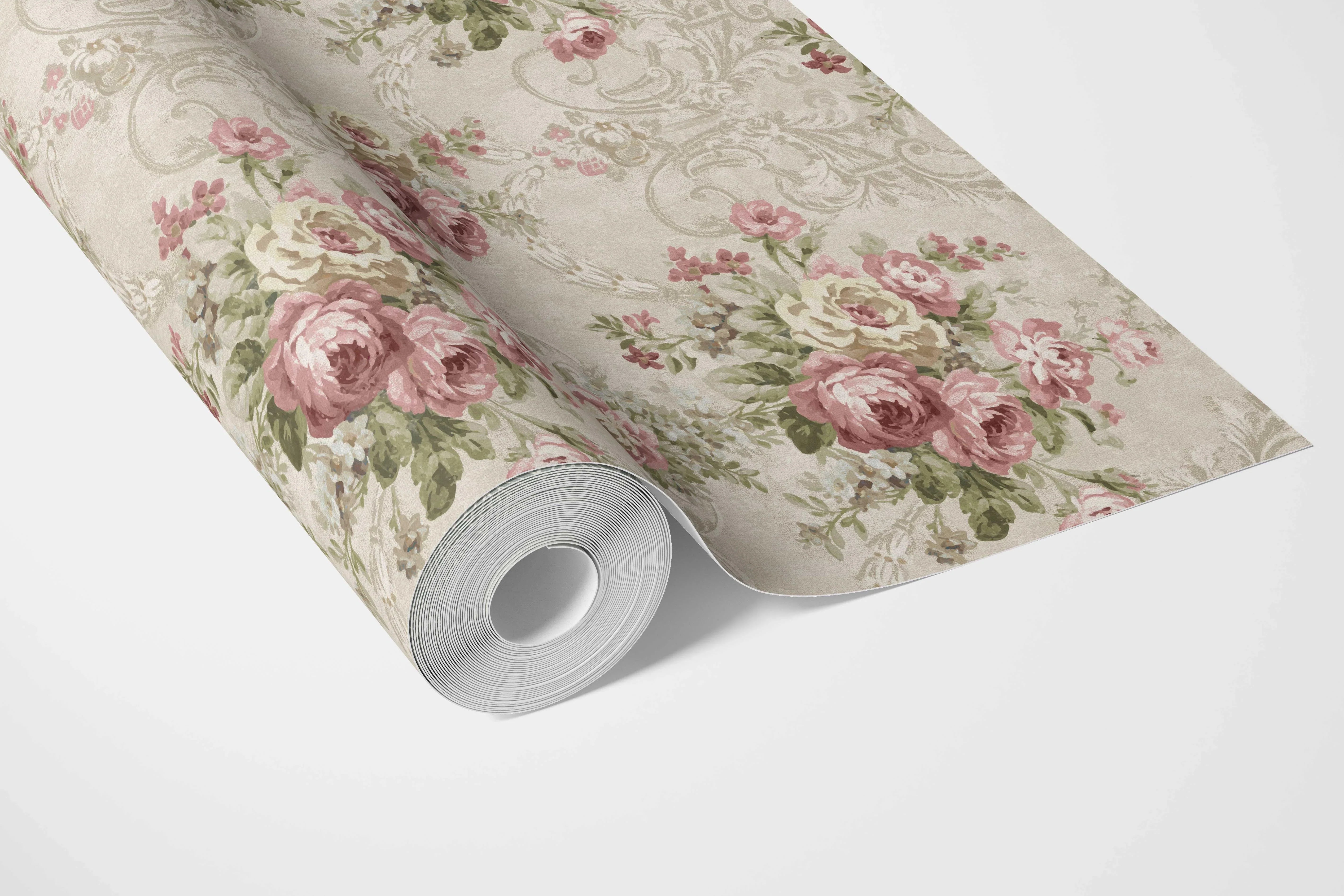 Floral Damask Patterned Bathroom Wallpaper Sample (Beige/ Pink/ Green)