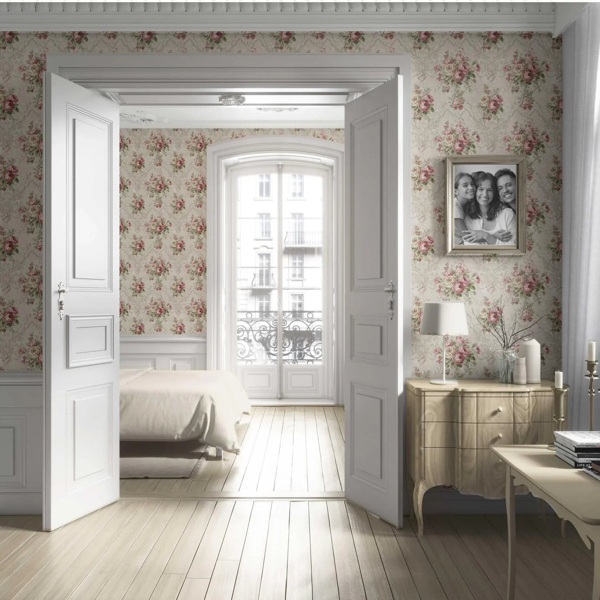 Floral Damask Patterned Living Room Wallpaper (Beige/ Pink/ Green)