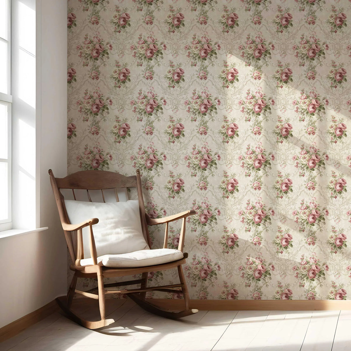 Floral Damask Patterned Nursery Wallpaper Sample (Beige/ Pink/ Green)