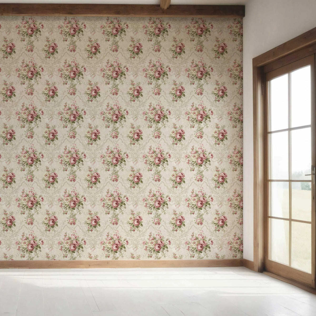 Floral Damask Patterned Bedroom Wallpaper (Beige/ Pink/ Green)