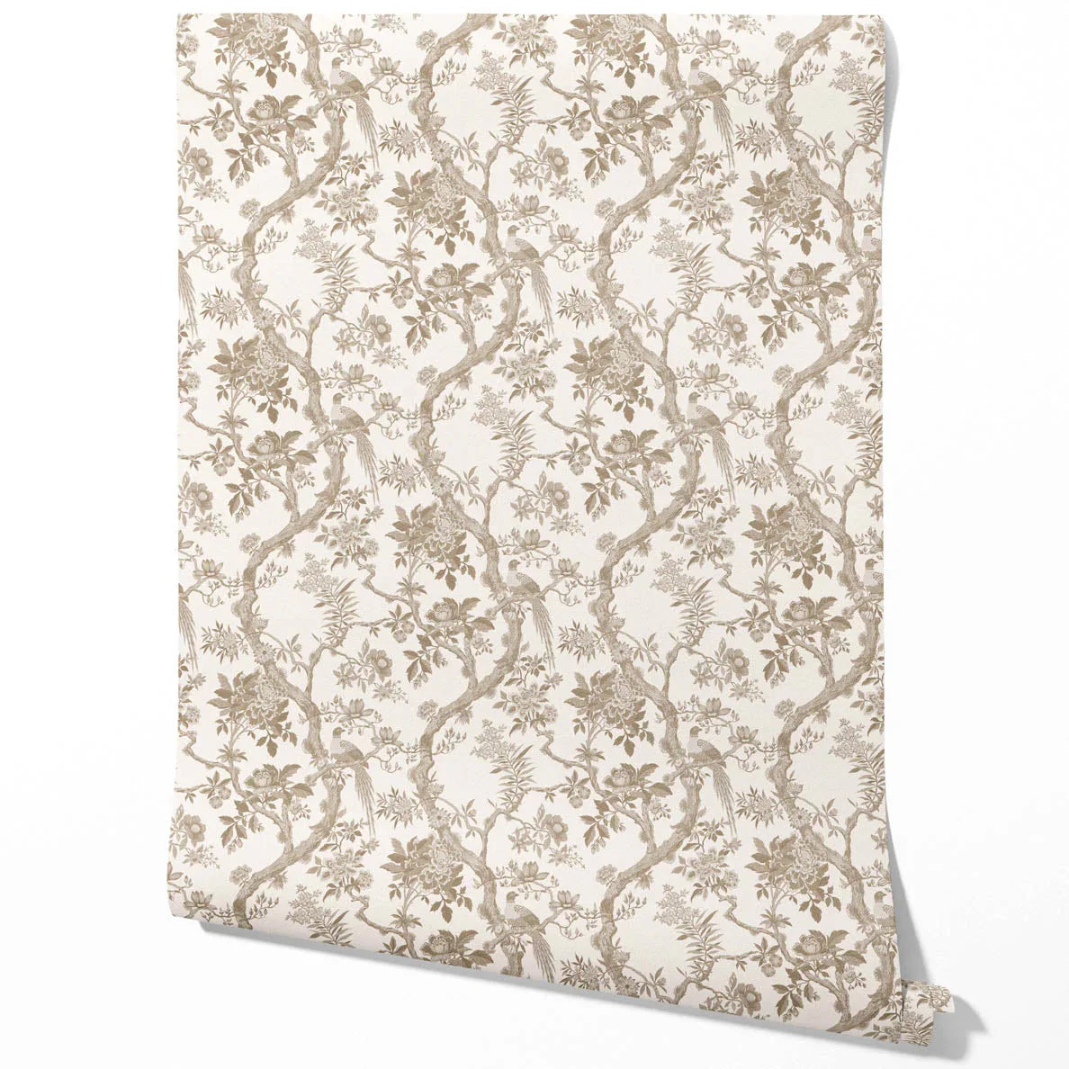 Floral Toile/ Bird Print Chinoiserie Traditional Wallpaper Sample (Beige/ Taupe/ Brown)