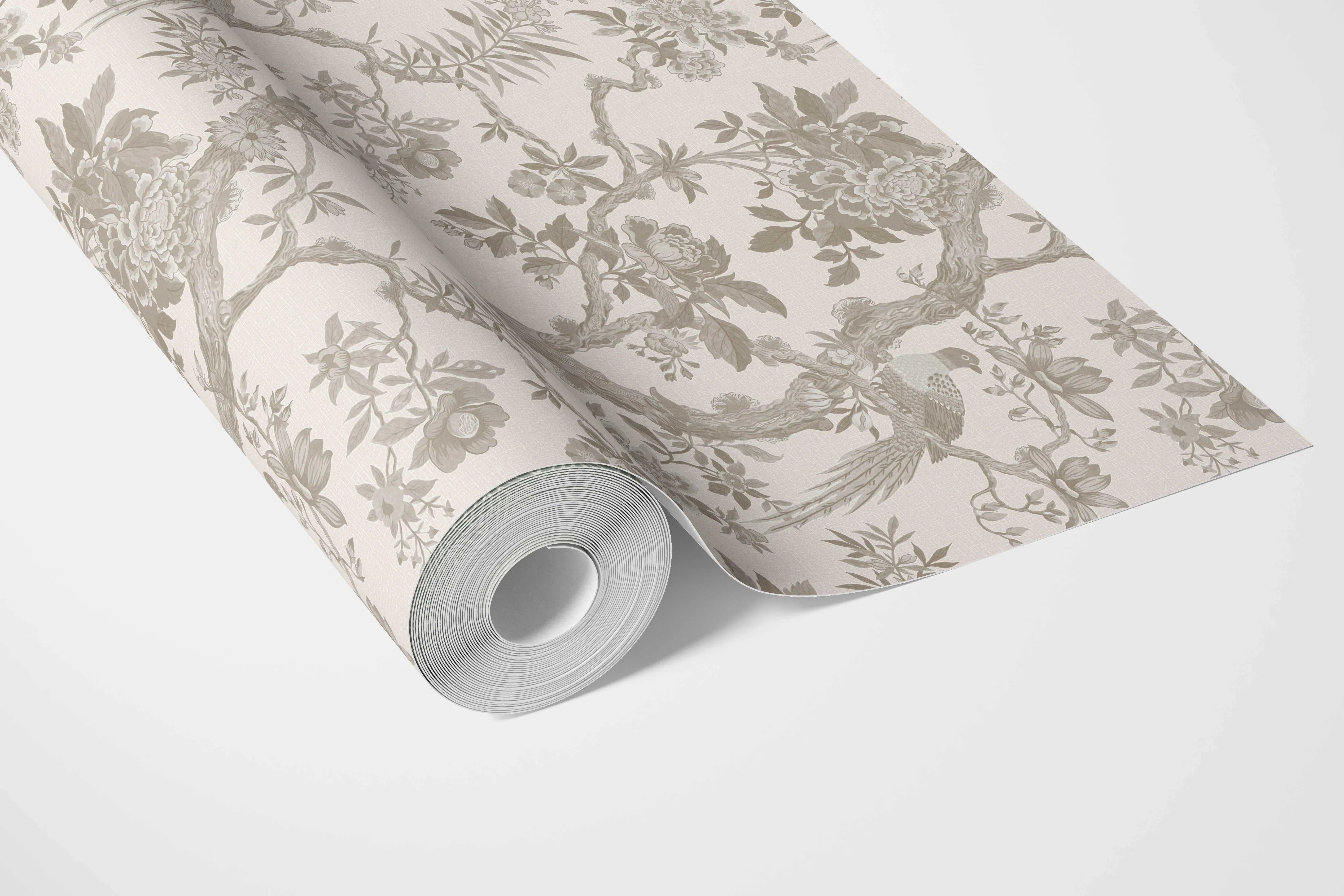 Floral Toile/ Bird Print Chinoiserie Bathroom Wallpaper Sample (Brown/ Beige/ Taupe)