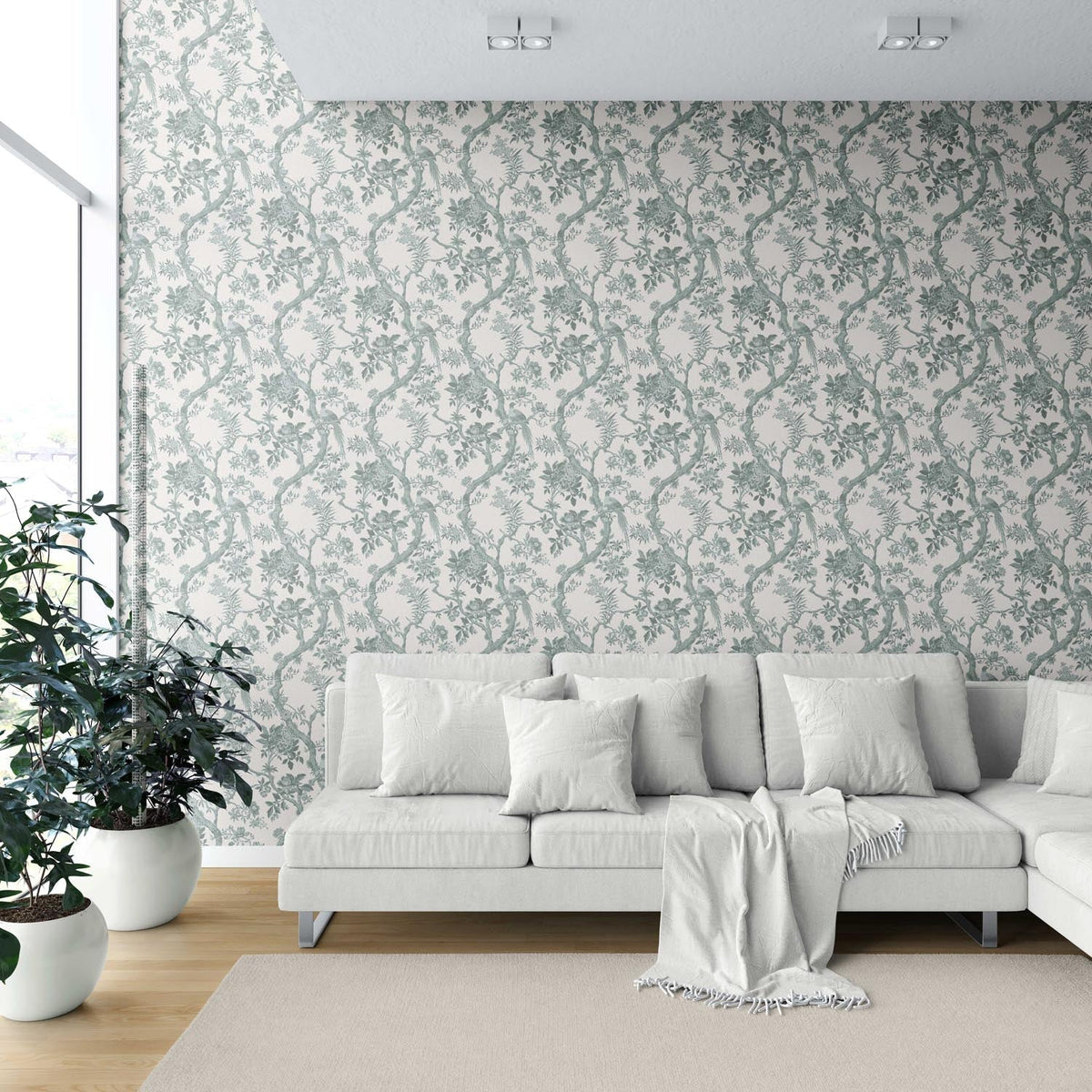 Floral Toile/ Bird Print Chinoiserie Shower Toilet Wallpaper Sample (Grey-Green)