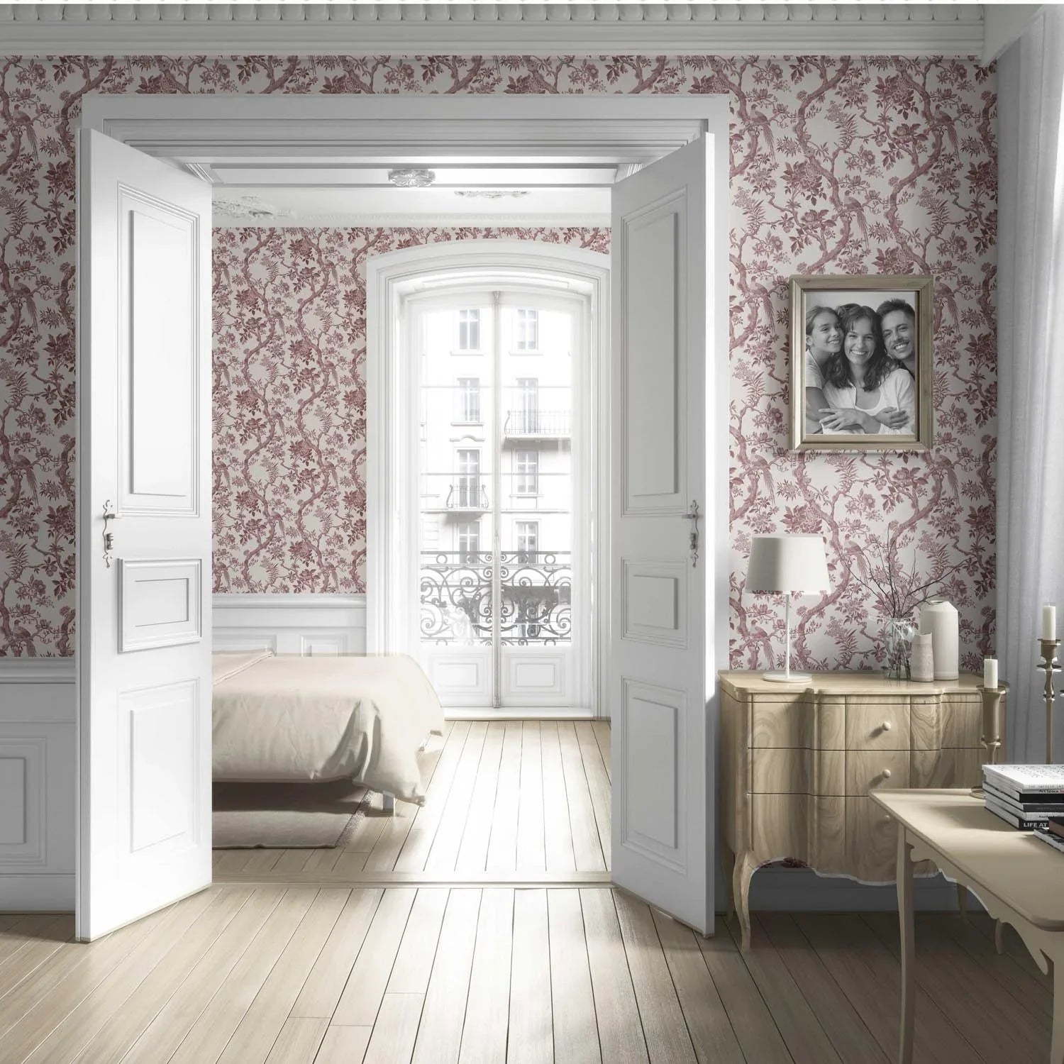 Floral Toile/ Bird Print Chinoiserie Living Room Wallpaper Sample (Brick Red/ Burgundy)