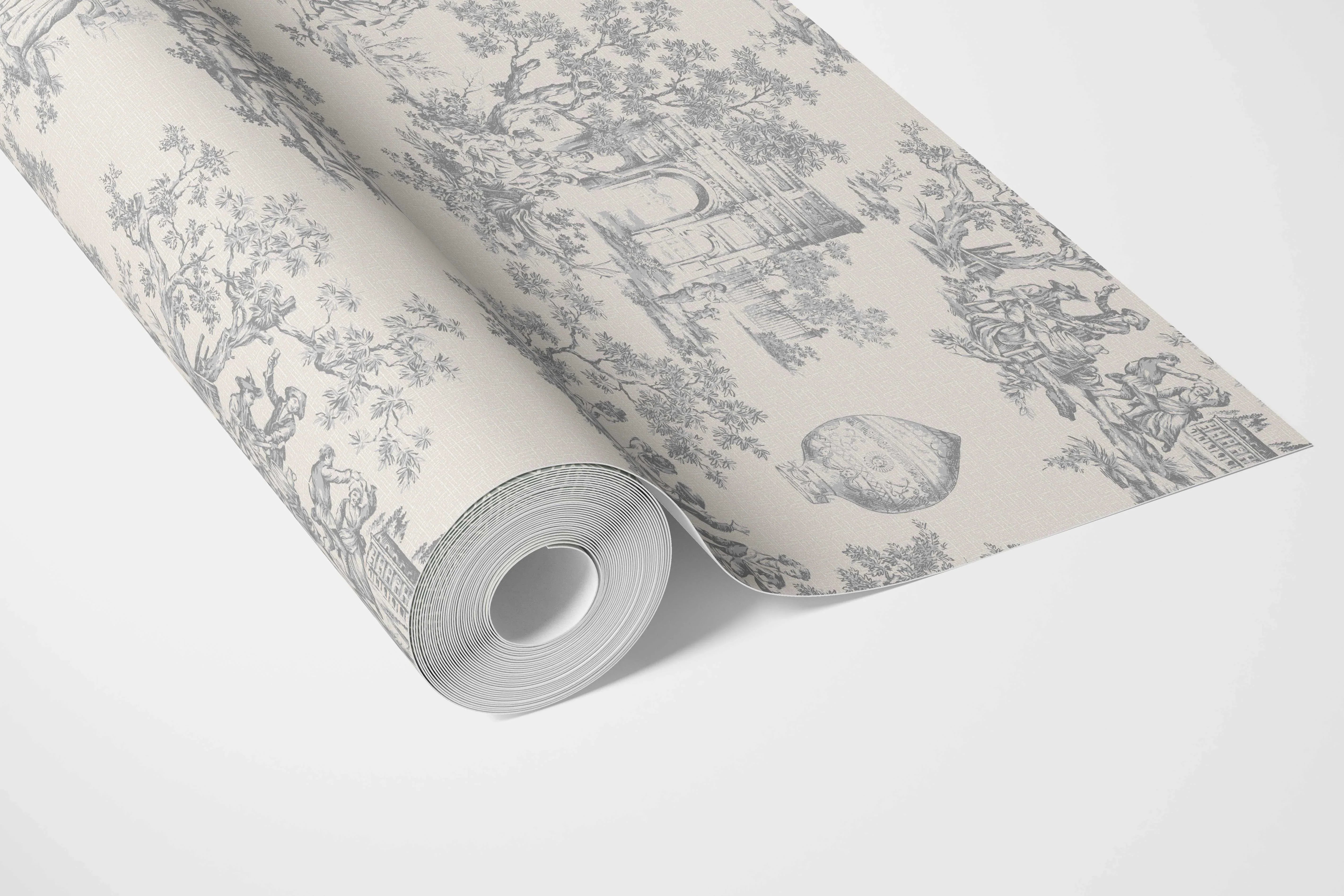 Toile de Jouy/ Nature Print Bathroom Wallpaper Sample (Dove Gray/ Off-White)