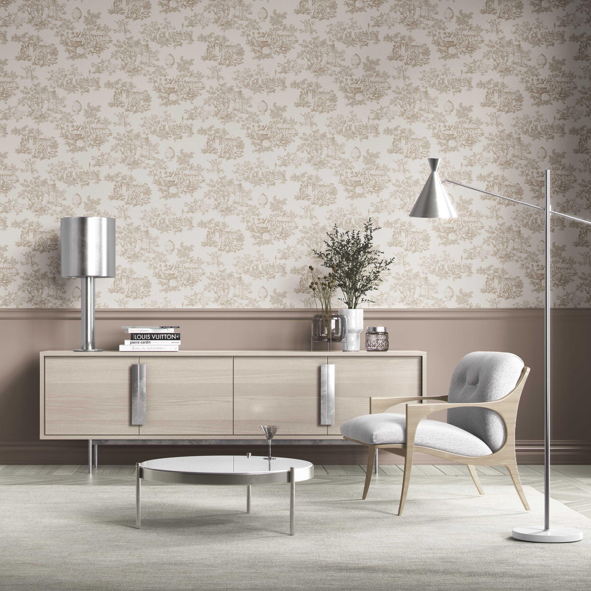 Toile de Jouy/ Nature Print Kitchen Wallpaper (Beige/ Brown/ Taupe)