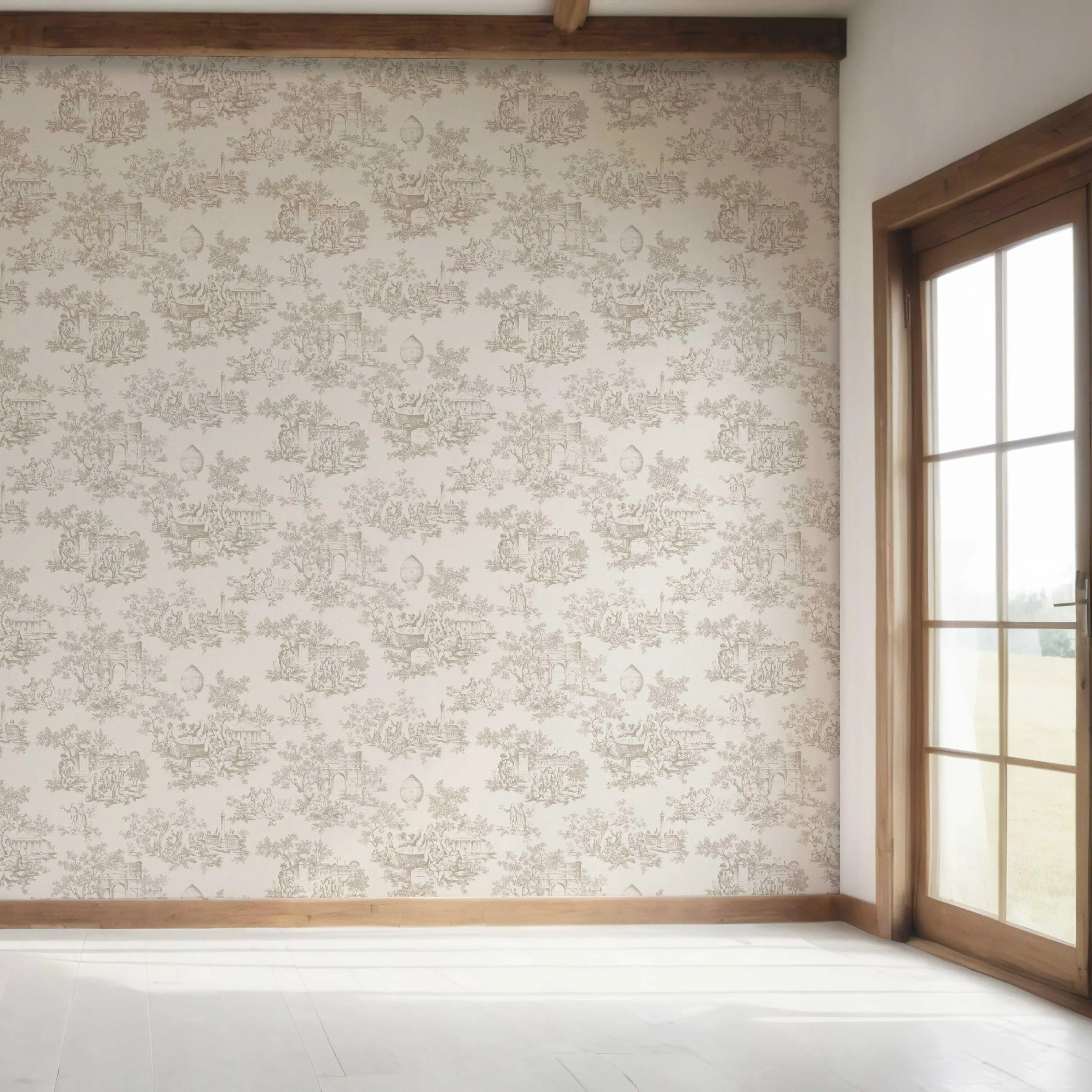 Toile de Jouy/ Nature Print Bedroom Wallpaper (Beige/ Greige/ Off-White)