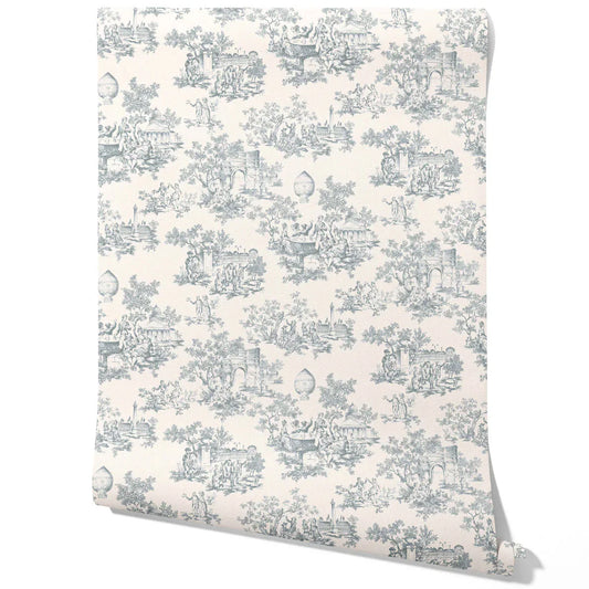 Toile de Jouy/ Nature Print Traditional Wallpaper (Blue/ Gray/ Off-White)