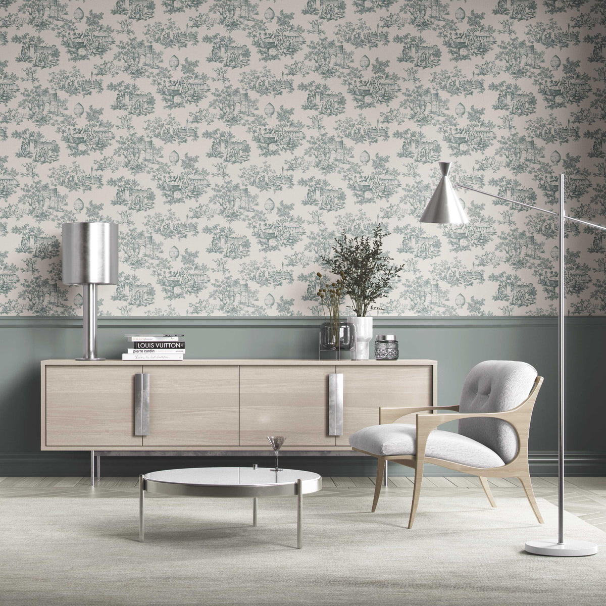 Toile de Jouy/ Nature Print Kitchen Wallpaper Sample (Duck Egg Blue/ Off-White)