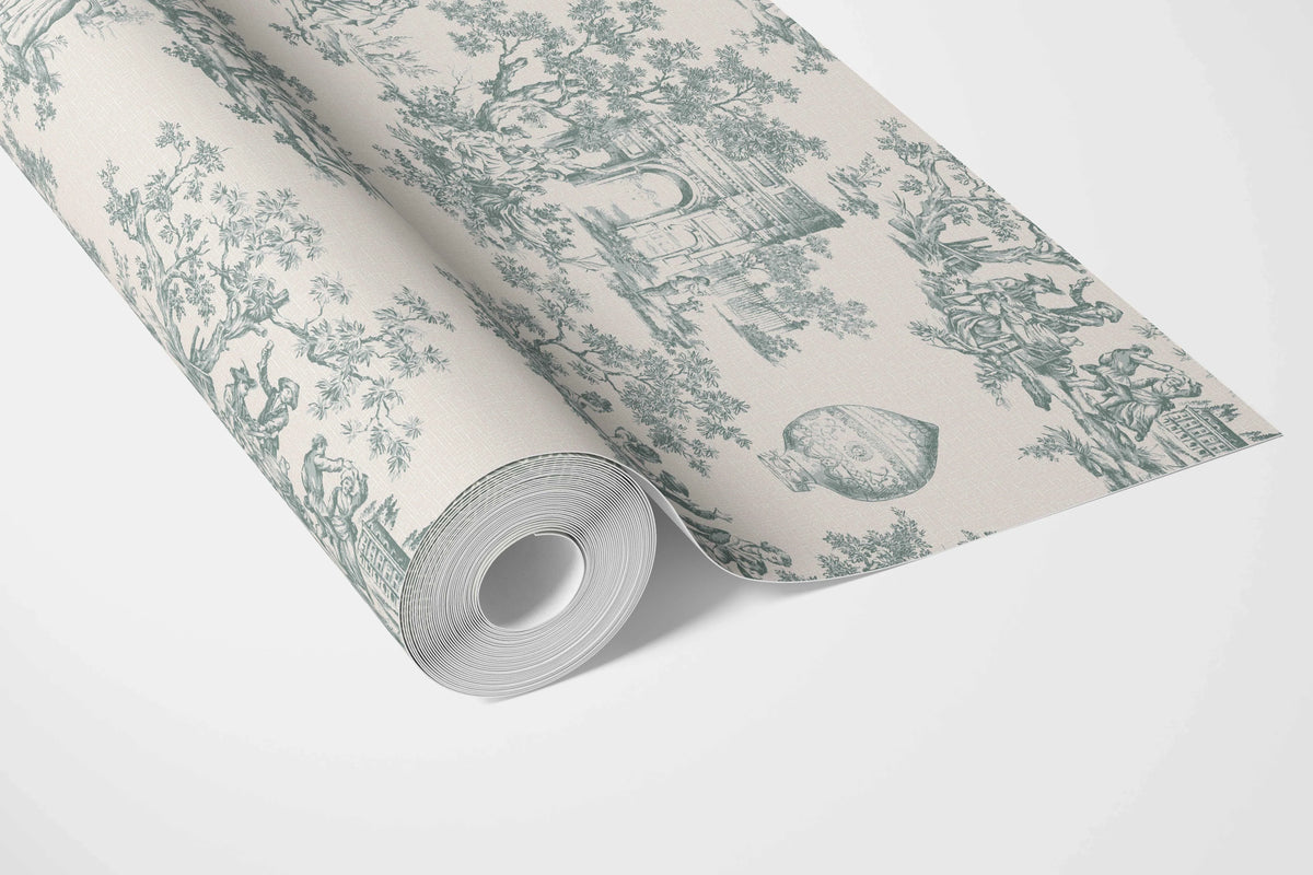 Toile de Jouy/ Nature Print Bathroom Wallpaper Sample (Duck Egg Blue/ Off-White)