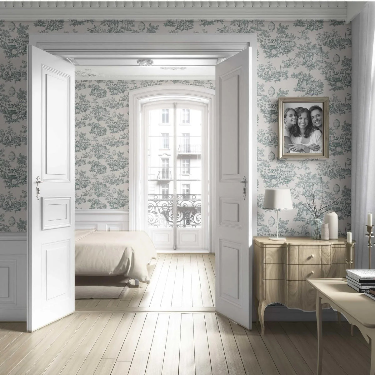 Toile de Jouy/ Nature Print Living Room Wallpaper Sample (Duck Egg Blue/ Off-White)