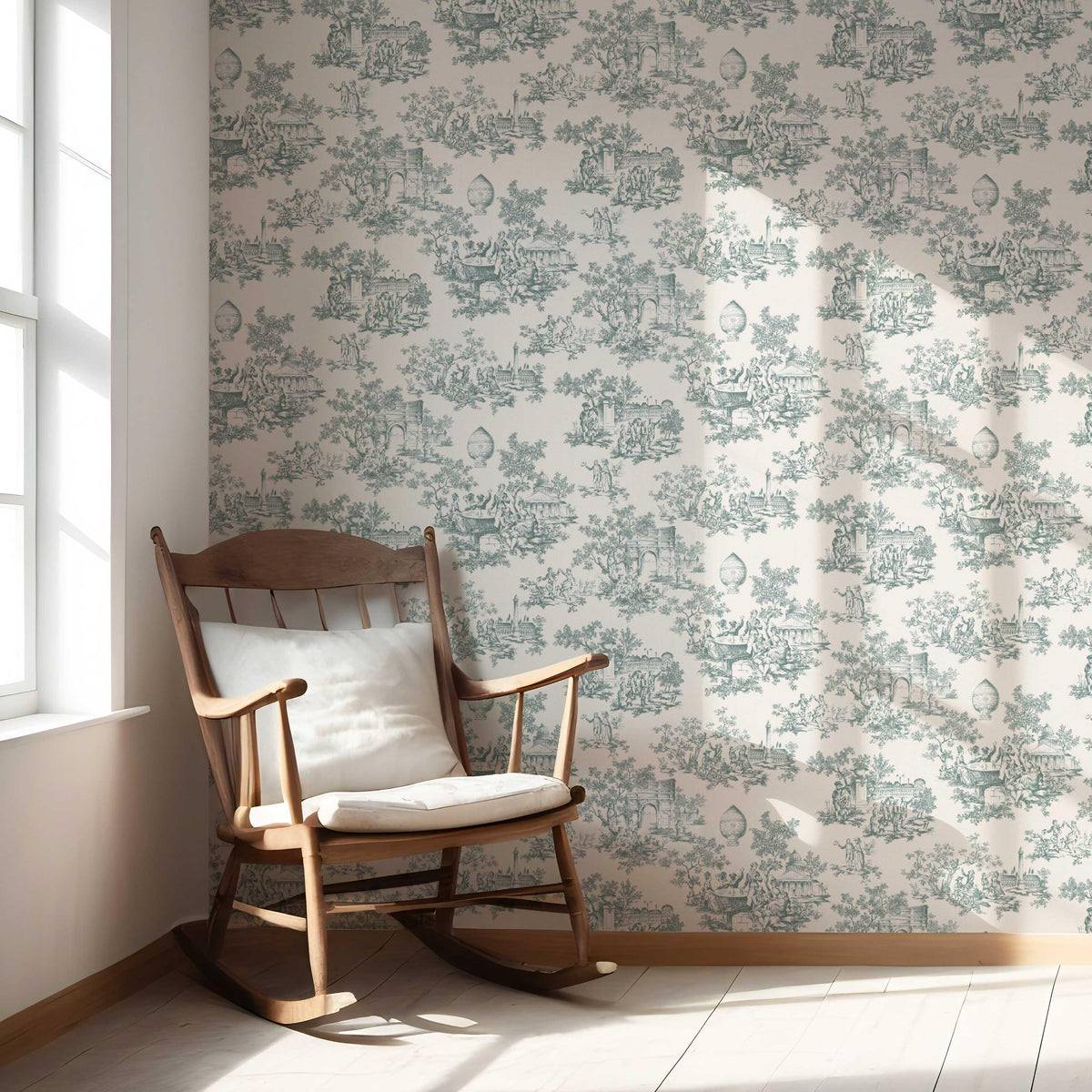 Toile de Jouy/ Nature Print Nursery Wallpaper Sample (Duck Egg Blue/ Off-White)