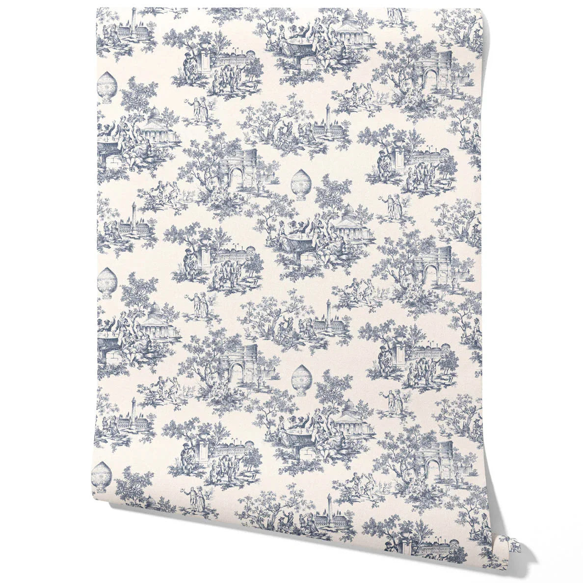 Toile de Jouy/ Nature Print Traditional Wallpaper (Navy Blue/ Off-White)
