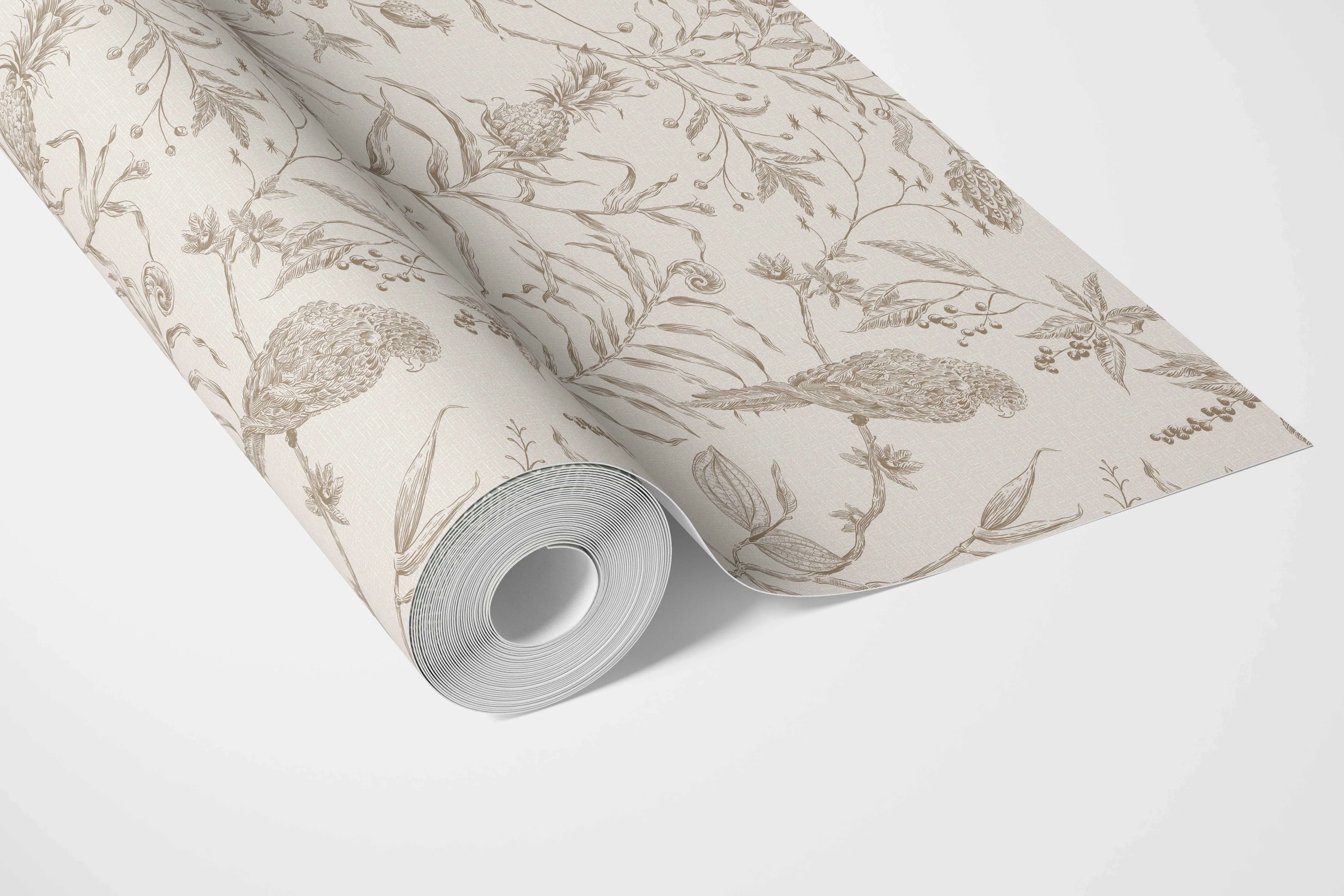 Birds Print/ Botanical Bathroom Wallpaper Sample Beige/ Brown/ Warm Gray
