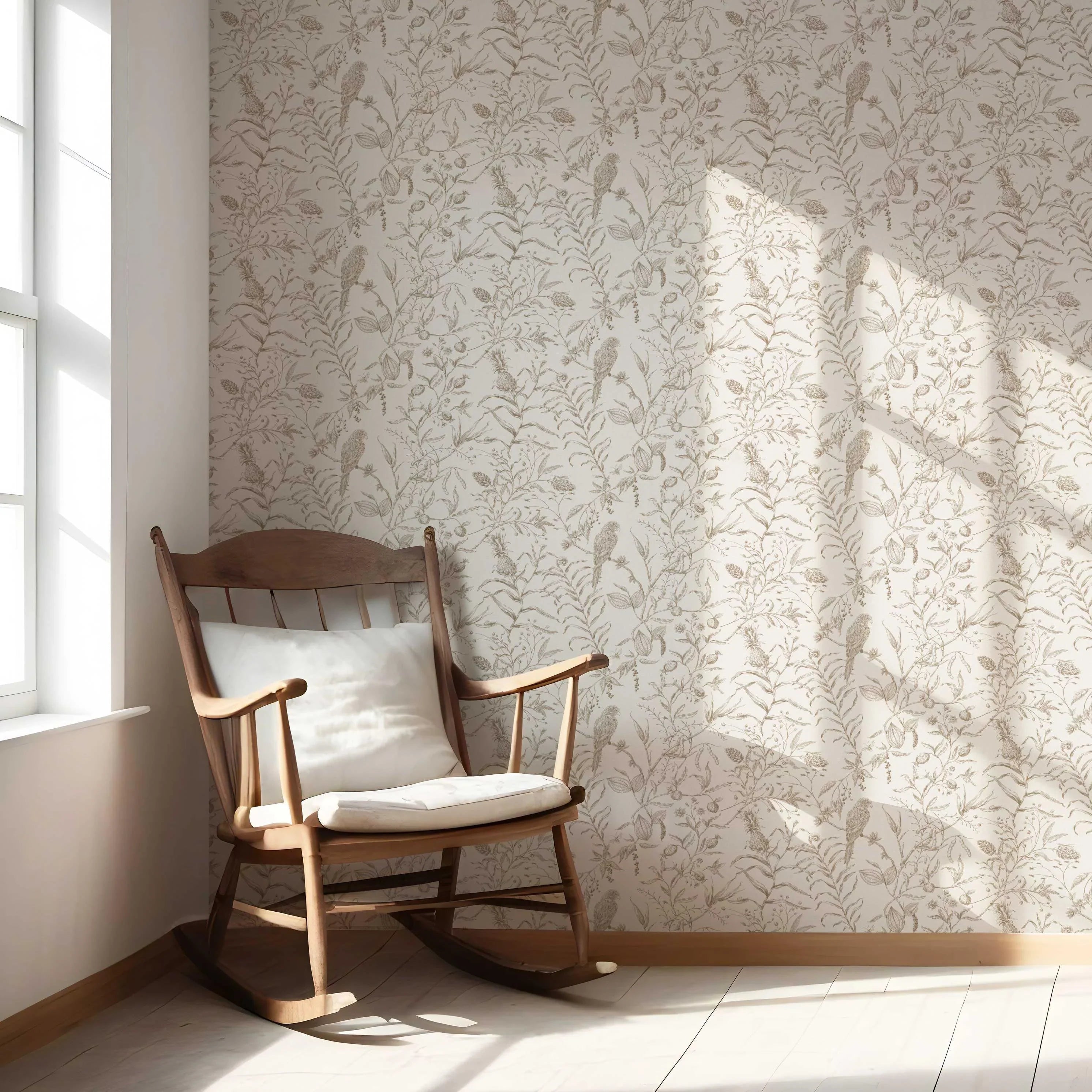 Birds Print/ Botanical Nursery Wallpaper Sample Beige/ Brown/ Warm Gray