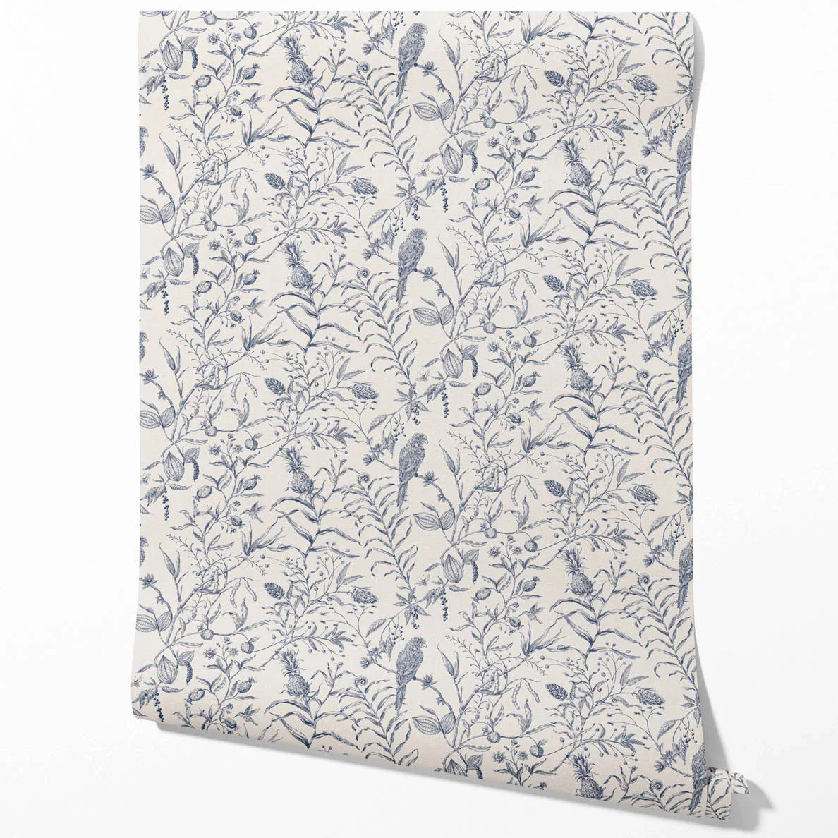 Birds Print/ Botanical Traditional Wallpaper Sample (Navy Blue)